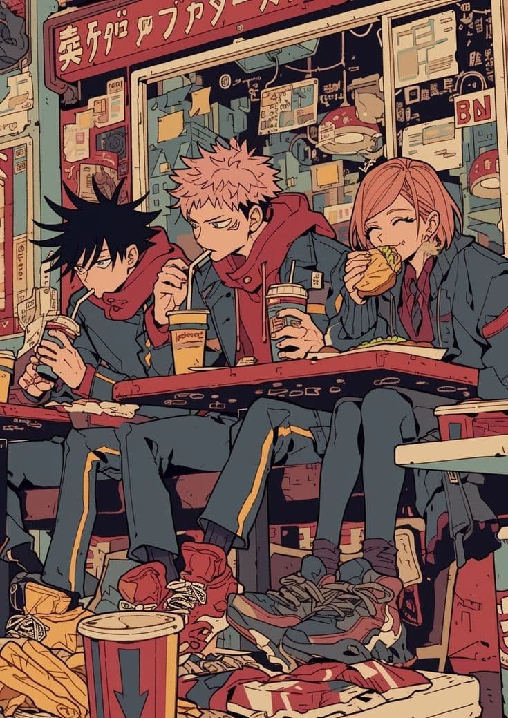 The image features three central characters from Jujutsu Kaisen—Megumi Fushiguro, Yuji Itadori, and Nobara Kugisaki—dressed in their signature dark high-collar school uniforms with red hoodies and scarves. They are depicted in a casual, candid moment, sitting at a cluttered outdoor fast-food table while eating burgers and drinking from soda cups. The setting is a dense, retro-styled urban environment filled with Japanese signage, posters, and intricate mechanical details in the background. The artistic style utilizes a vintage aesthetic with a muted, earthy color palette and heavy, expressive linework reminiscent of 90s manga illustrations. The overall atmosphere is peaceful and nostalgic, capturing a rare moment of youthful normalcy and camaraderie amidst a busy city backdrop.