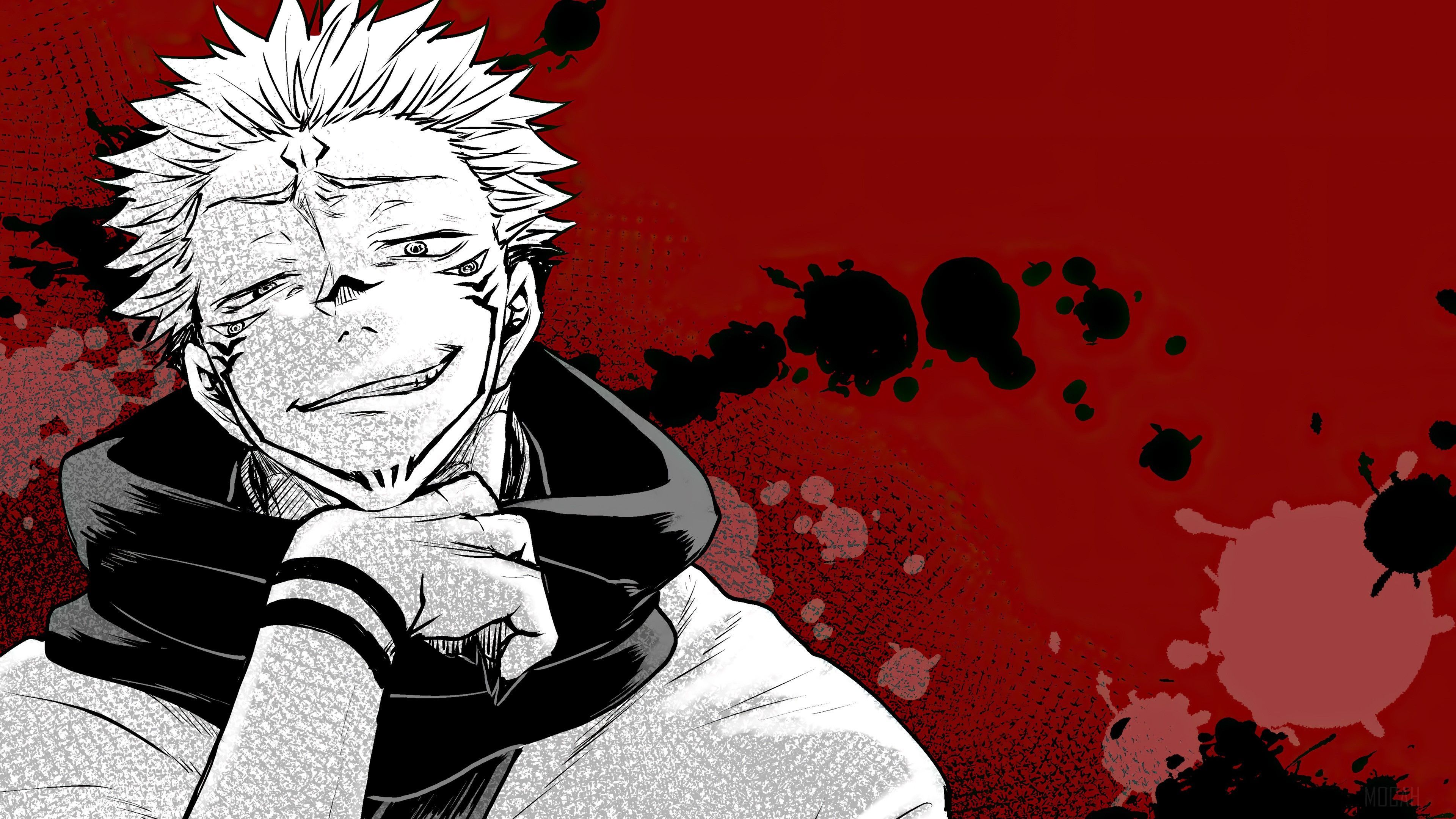The image features Ryomen Sukuna from Jujutsu Kaisen, depicted in a stylized manga-inspired portrait. He is shown from the chest up, wearing a high-collared dark garment over a light-colored kimono, with his chin resting thoughtfully on his hand. His face is marked with his signature black cursed energy tattoos, and he wears a sinister, confident smirk that highlights his antagonistic nature. The background is a striking, high-contrast red field adorned with black and dark red ink splatters and halftone dot patterns, creating a gritty, urban aesthetic. The artistic technique utilizes heavy screentone textures and sharp, jagged line work characteristic of modern dark fantasy manga. The overall atmosphere is menacing and intense, capturing a moment of calm but dangerous arrogance.