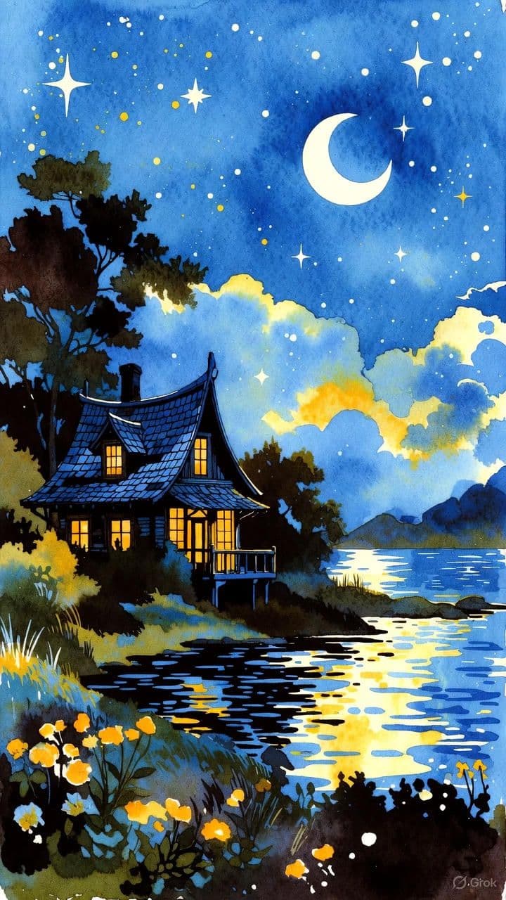 The image portrays a tranquil, moonlit lakeside scene featuring a traditional wooden cottage with glowing windows, nestled among dark silhouetted trees. The cottage's architecture includes a steeply pitched roof and a small porch, with warm interior light contrasting against the cool blue night sky. In the foreground, vibrant yellow wildflowers bloom in the grassy bank, while the lake reflects the moon and starry sky with gentle ripples. The background reveals distant mountains under a vast, star-filled sky with a prominent crescent moon and scattered twinkling stars. The overall composition evokes a serene, peaceful atmosphere, enhanced by the soft watercolor textures and harmonious color blending.
