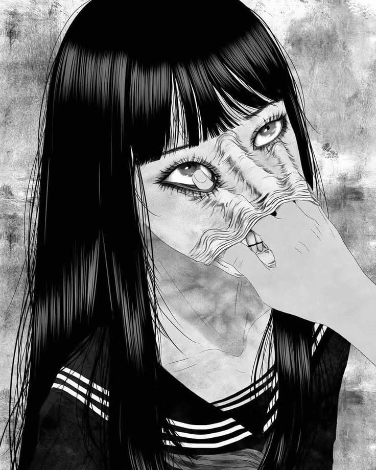 The image portrays a young female character with long, straight black hair and bangs, wearing a dark sailor-style school uniform with white horizontal stripes across the collar and shoulders. Her expression is intense and unsettling, with wide, detailed eyes conveying shock or fear, while her hand covers her mouth in a gesture of distress or surprise. The artwork uses high-contrast black and white shading with fine linework to emphasize the texture of her skin and the tension in her facial features. The background is a textured, grayscale wash, creating a stark, dramatic contrast that isolates the character and amplifies the emotional weight of the scene. The overall mood is tense and psychologically charged, suggesting a moment of horror or psychological trauma within a narrative context.