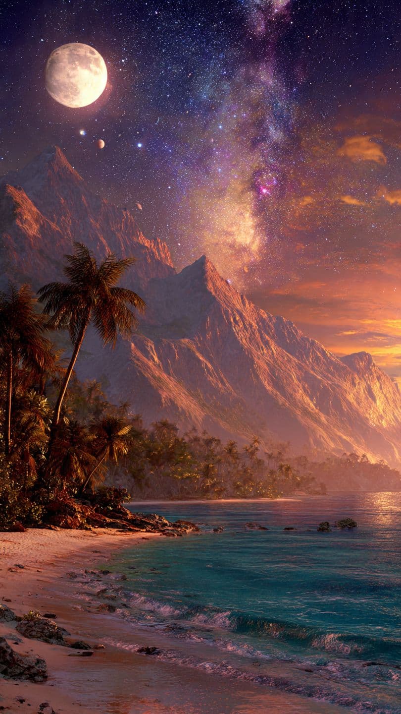 This image depicts a serene, fantastical coastal landscape under a twilight sky, featuring a luminous full moon and a vibrant Milky Way arching above snow-capped mountains. The foreground showcases a tranquil beach with gentle waves lapping at the shore, flanked by lush palm trees and dense tropical foliage. The lighting is soft and atmospheric, with warm golden hues from the setting sun blending into cool purples and blues in the sky, creating a dreamlike, peaceful ambiance. The composition is balanced, with the mountains forming a majestic backdrop and the ocean reflecting the celestial spectacle. The artistry employs realistic textures and painterly gradients, evoking a sense of wonder and calm, suitable for a family-friendly wallpaper.