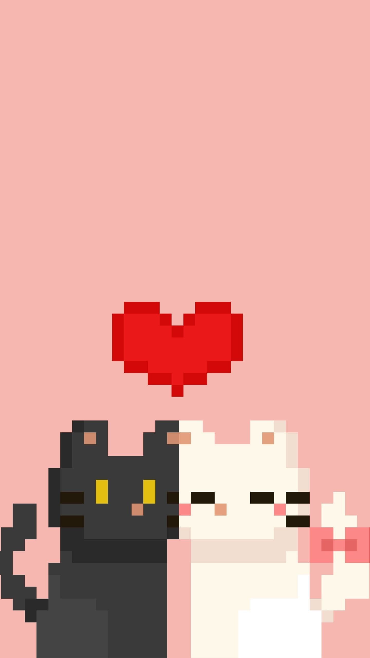 The image features two stylized pixel-art cats, one black and one white, positioned side-by-side in a gentle, affectionate pose. The black cat has yellow eyes and a calm expression, while the white cat has closed eyes and a soft blush, suggesting a loving interaction. Above them floats a pixelated red heart, symbolizing affection. The background is a solid, soft pink, creating a warm and romantic atmosphere. The art employs a clean, retro pixel aesthetic with crisp edges and uniform color blocks, emphasizing simplicity and charm. The overall mood is sweet, tender, and universally appealing, suitable for all ages and contexts.