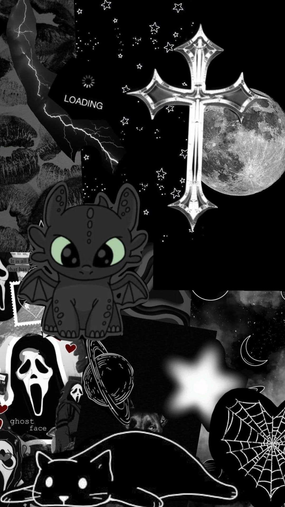 This digital collage wallpaper features a central black dragon character with large green eyes and small wings, rendered in a stylized, cute anime aesthetic. The composition is a layered montage of various black-and-white imagery including a silver cross, a full moon, stars, a ghost face, a sleeping cat, and a Saturn-like planet, all set against a dark background. The overall design is a high-contrast, atmospheric collage with a gothic and cosmic theme, combining fantasy and horror elements in a non-sexualized manner. The image uses sharp digital lines and monochromatic shading to create a cohesive, visually striking aesthetic suitable for a family-friendly environment. The mood is mysterious and whimsical, evoking a sense of wonder and dark fantasy without any explicit or suggestive content.