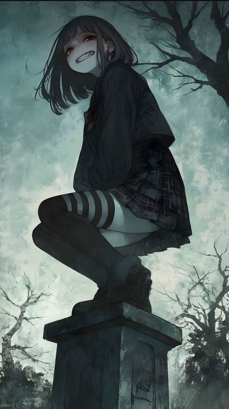 A young female character with dark, shoulder-length hair and a wide, unsettling grin sits atop a weathered stone pedestal in a desolate, leafless forest. She wears a dark, oversized jacket over a plaid skirt and striped thigh-high socks, with sturdy boots completing her outfit. Her pose is seated, leaning forward with one leg bent and the other extended, conveying a sense of eerie calmness. The background features gnarled, skeletal trees against a muted, overcast sky, enhancing the melancholic and slightly ominous atmosphere. The artwork employs soft, painterly shading and a muted color palette, emphasizing texture and mood over detail, with a focus on emotional expression through facial features and posture.