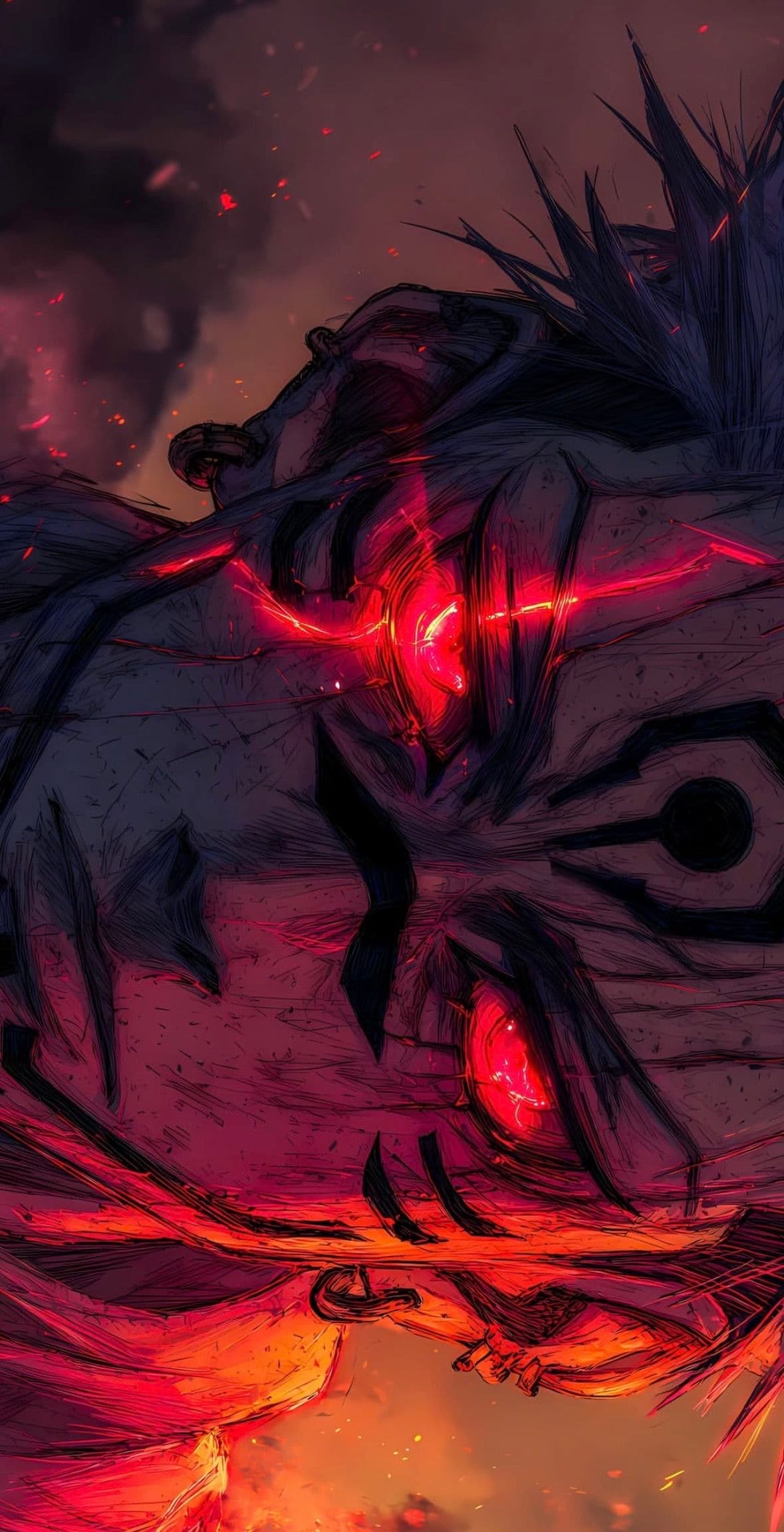 The image depicts a close-up, dramatic portrait of a stylized, monstrous humanoid figure with a fierce, battle-worn appearance. Its face is partially obscured by jagged, spiky hair and heavy, scarred features, with glowing red eyes emitting intense energy. The character's expression conveys raw power and aggression, emphasized by fiery red and orange energy lines radiating from its eyes and mouth. The background is a dark, smoky battlefield with sparks and embers, suggesting recent combat or destruction. The art employs bold, sharp linework and cel-shaded shading to create a high-contrast, dynamic visual impact. The overall mood is intense and epic, evoking themes of power, conflict, and transformation through the use of dramatic lighting and color.