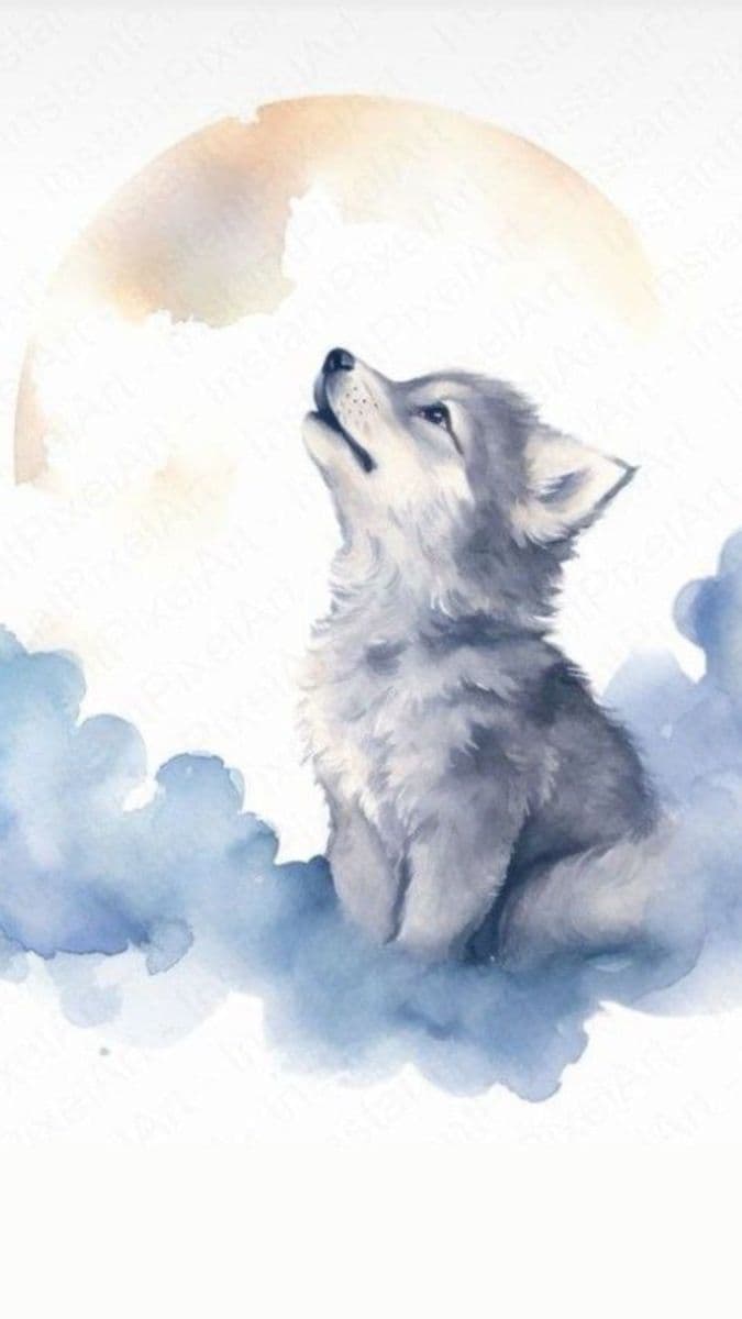 A tender, watercolor-style illustration depicts a young wolf pup with soft, fluffy gray and white fur, sitting upright and gazing upward with an expression of wonder or longing. The pup's body is fully covered, with no revealing or suggestive elements, and its posture is innocent and serene. Behind the pup, a large, softly rendered golden moon dominates the upper portion of the frame, while wispy blue-gray clouds swirl gently around its base, suggesting a dreamlike or ethereal setting. The artwork employs delicate brushstrokes and blended washes to create a gentle, emotional atmosphere, emphasizing the pup's vulnerability and connection to the celestial sky. The overall tone is peaceful and contemplative, evoking themes of innocence, nature, and quiet awe.