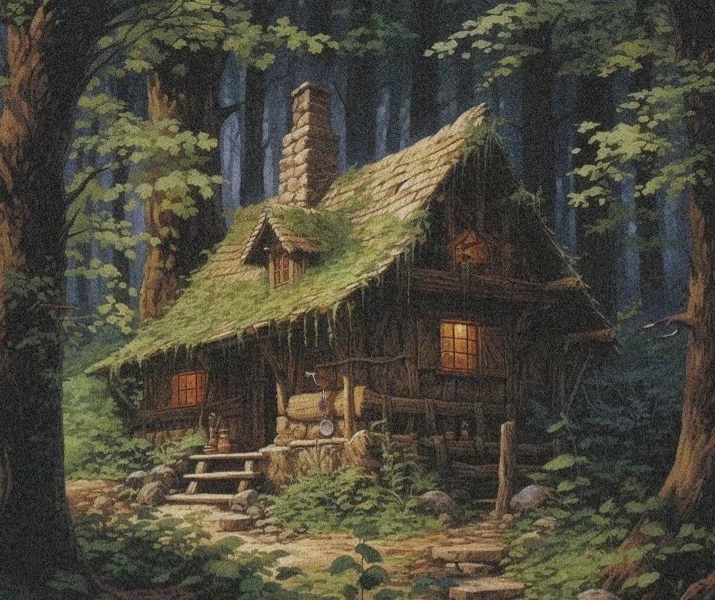 The image depicts a rustic, fairy-tale style cabin nestled deep within a dense, ancient forest, with moss-covered thatch and a stone chimney. The cabin features wooden beams, a small porch with stone steps, and warm, glowing windows suggesting habitation. Sunlight filters through the canopy, illuminating the mossy ground and creating a serene, secluded atmosphere. The artwork employs rich, painterly textures and soft gradients to evoke a timeless, peaceful woodland retreat. The overall mood is tranquil and inviting, evoking nostalgia and quiet solitude.