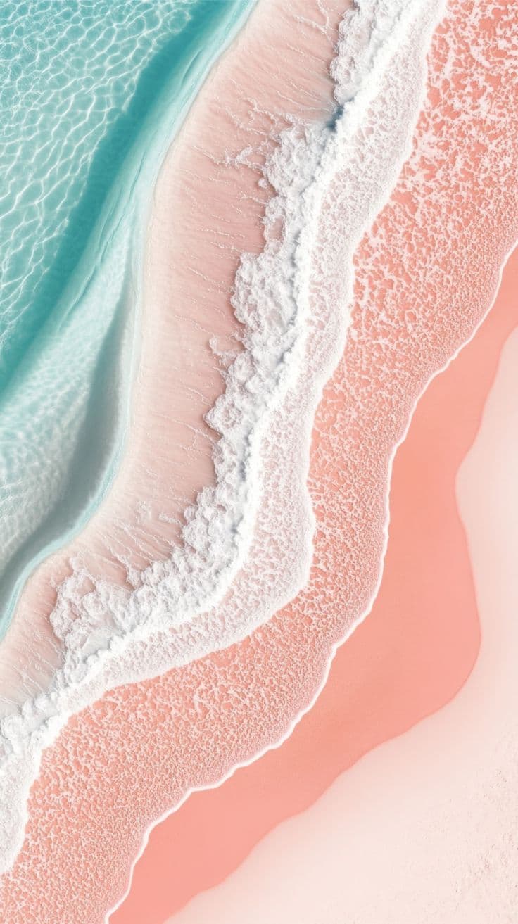 This image captures a serene aerial view of a coastal shoreline, showcasing the dynamic interplay between turquoise ocean waves and soft pink sand. The waves gently break into white foam, creating a textured, rhythmic pattern as they recede and advance along the shore. The composition emphasizes natural beauty through flowing lines and color gradients, with the water's clarity revealing subtle ripples and depth. The lighting is bright and even, suggesting a clear, sunny day, enhancing the vividness of the palette. The overall mood is tranquil and meditative, evoking a sense of calm and natural harmony through its minimalist yet visually rich design.