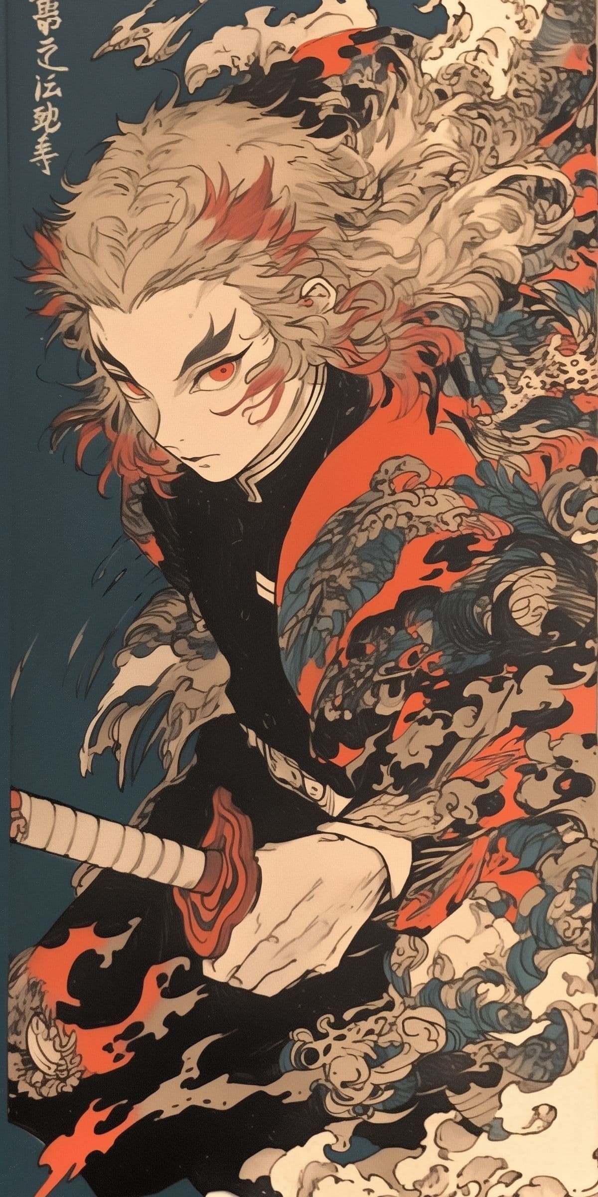 The image portrays a stylized anime character with voluminous, flowing white and red hair, intense red eyes, and a fierce, focused expression. He is clad in a dark, traditional-style garment with vibrant orange and red accents, featuring intricate, swirling patterns that resemble flames or water. His hands grip a sword with a detailed hilt, suggesting readiness for battle. The background is filled with dynamic, wave-like patterns in blue, white, and orange, evoking motion and power. The art employs bold linework and cel-shaded shading, creating a dramatic, high-contrast visual that emphasizes the character's intensity and the energy surrounding him. The overall mood is epic and determined, with a strong sense of motion and spiritual or elemental power emanating from the character.