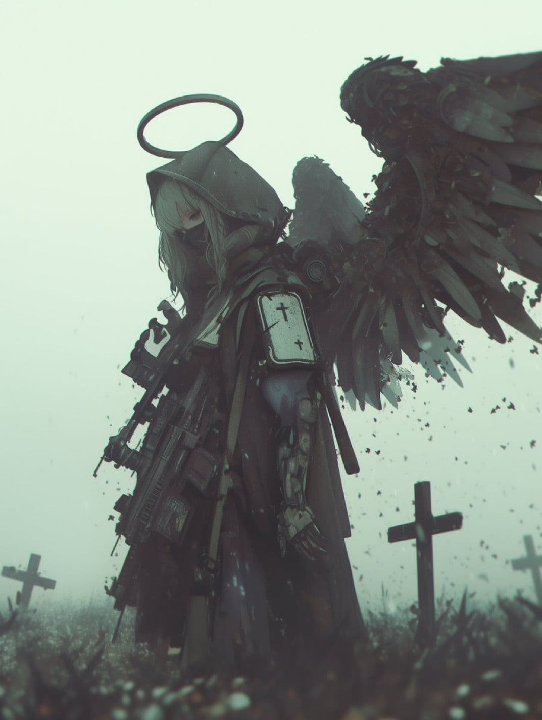 A solemn, armored angelic figure with long white hair and a halo stands in a misty cemetery, its body clad in dark, mechanical armor with visible cross symbols and weaponry integrated into its form. The character's wings are large, feathered, and partially mechanical, suggesting a fusion of divine and militaristic design. The setting is a foggy graveyard with scattered crosses and sparse vegetation, evoking a somber, contemplative mood. The artwork employs a muted, desaturated color palette with cel-shaded rendering, emphasizing texture and silhouette over vibrant detail. The composition is a medium shot from a low angle, focusing on the character’s imposing presence against the bleak, atmospheric background, conveying a sense of quiet power and melancholy.