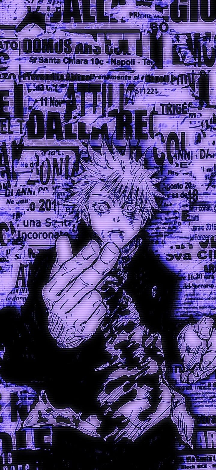 The image features the character Satoru Gojo from Jujutsu Kaisen, depicted with his signature spiky hair and intense, wide-eyed expression. He is wearing his high-collared dark jujutsu sorcerer uniform, which provides full coverage. The character is shown in a dynamic pose, holding his hand up in a specific mudra gesture associated with his 'Hollow Purple' technique. The background is a complex, stylized collage of Italian newspaper clippings and typography, heavily filtered in shades of violet and indigo. The artistic technique utilizes a high-contrast manga aesthetic overlaid with digital glitch effects and scanlines, creating a gritty, urban feel. The overall atmosphere is intense, powerful, and slightly chaotic, reflecting a moment of high supernatural energy.
