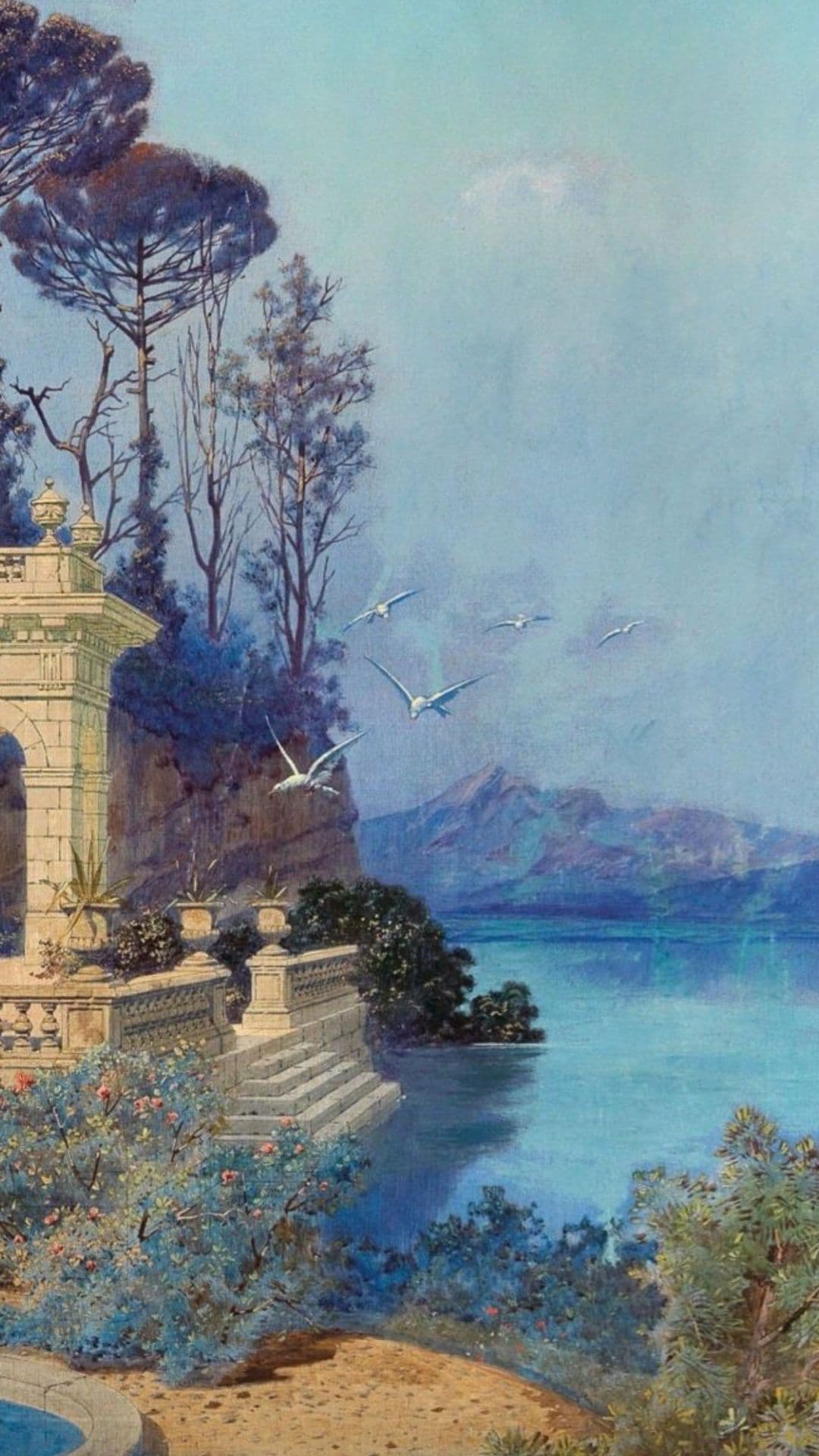 This image depicts a serene lakeside landscape with classical architecture, featuring a stone terrace and ornate balustrades overlooking calm turquoise waters. Several white birds are captured in flight across the sky, adding a sense of motion to the tranquil scene. The composition includes lush vegetation, including flowering shrubs and tall pine trees, with distant mountains softly rendered under a clear, pale blue sky. The painting employs soft brushwork and atmospheric perspective, creating depth and a dreamlike quality. The overall mood is peaceful and contemplative, evoking a sense of timeless beauty and natural harmony.