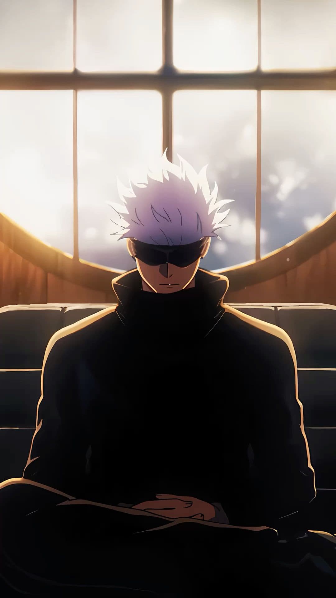 The image features Satoru Gojo from Jujutsu Kaisen, characterized by his signature spiky white hair and a black blindfold covering his eyes. He is dressed in his standard high-collared black jujutsu sorcerer uniform, which provides full coverage. The character is depicted in a composed, meditative seated pose with his hands resting calmly in his lap. He is positioned in front of a large, circular window that reveals a bright, diffused sky, suggesting an indoor setting like a traditional dojo or a high-end transport. The artistic style utilizes sharp cel-shading with strong rim lighting that outlines his silhouette against the dark foreground. The overall atmosphere is one of profound stillness, power, and quiet intensity, reflecting a moment of calm before action.