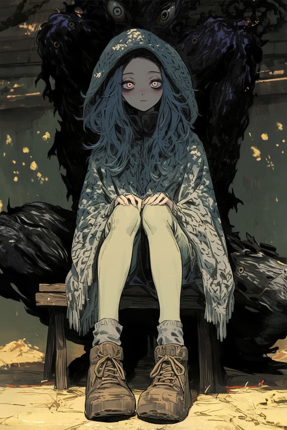 A young girl with long, wavy blue hair sits solemnly on a wooden bench, her hooded cloak adorned with intricate, leaf-like patterns that drape over her shoulders and cover her torso. Her pale skin and wide, glowing red eyes convey a sense of quiet sorrow or eerie awareness, while her hands are clasped together in her lap. Behind her looms a massive, shadowy, tree-like creature with glowing eyes, creating a stark contrast between her small, vulnerable form and the looming, ominous presence. The scene is set in a desolate, dimly lit environment with scattered golden particles floating in the air, suggesting a magical or supernatural atmosphere. The artwork employs detailed cel shading and soft gradients to create depth and texture, emphasizing the emotional gravity of the moment through careful lighting and composition.