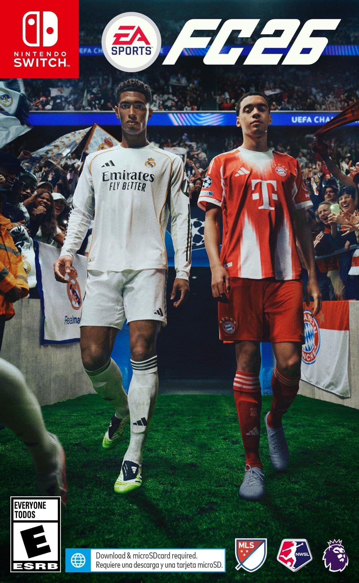 The image features two professional football players in full team uniforms, standing on a vibrant green football pitch with a packed stadium crowd in the background. The player on the left wears a white Real Madrid jersey with 'Emirates Fly Bitter' sponsorship, while the player on the right wears a red and white striped Bayern Munich jersey. Both are depicted in athletic stance, walking forward with focused expressions, conveying a sense of professionalism and competitive spirit. The background includes cheering fans, banners, and stadium lighting, creating an immersive match-day atmosphere. The artwork utilizes high-definition digital rendering with sharp lines and realistic shading, emphasizing the textures of the jerseys and the grass. The overall mood is energetic and celebratory, capturing the excitement of a major football tournament.