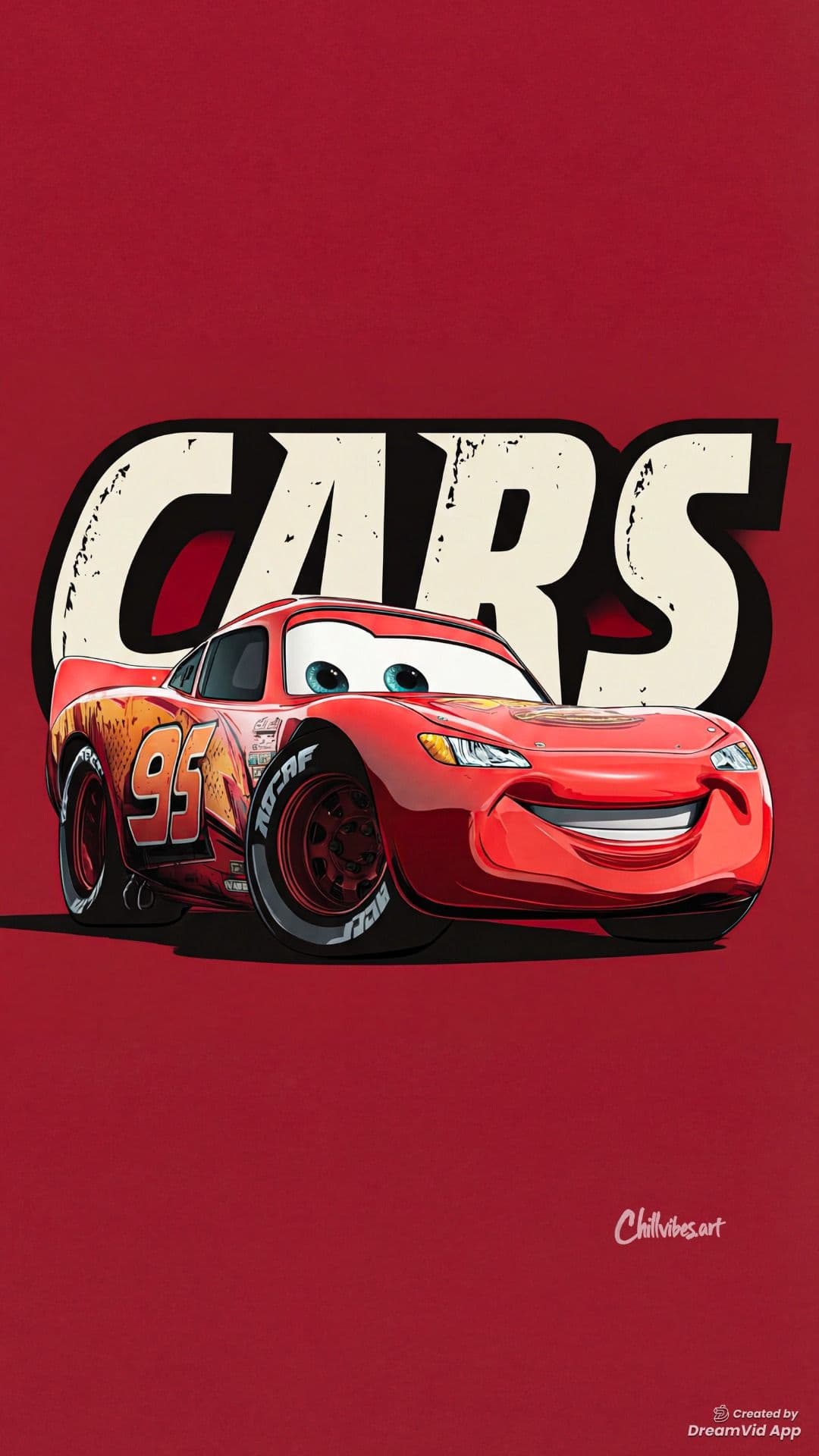 The central subject is Lightning McQueen, a red anthropomorphic race car with expressive eyes and a wide, cheerful smile, prominently displaying the number 95 on his side. He is depicted in a dynamic three-quarter pose, facing slightly toward the viewer, with detailed racing decals and sponsor logos visible. The background is a solid, textured red, with the word 'CARS' in large, distressed white lettering behind him, creating a bold visual anchor. The artwork utilizes clean, sharp lines and vibrant, saturated colors typical of modern digital animation, with cel-shaded shading that gives depth and dimension. The overall atmosphere is energetic and joyful, evoking the spirit of racing and friendly competition, with a clear focus on the character's personality and iconic design.