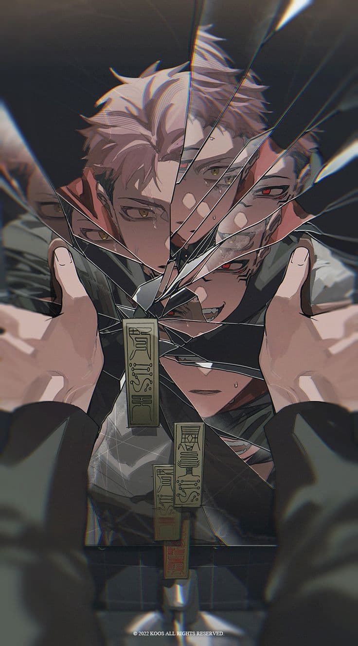 The image features a complex, fragmented portrait of Yuji Itadori and Ryomen Sukuna from Jujutsu Kaisen, viewed through the perspective of shattered glass. The central subject is depicted with pinkish-blonde hair and intense expressions, wearing a dark high-collared uniform that provides full coverage. The composition uses the shards of a broken mirror to juxtapose Yuji's human side with Sukuna's malevolent features, including his signature facial markings and red eyes. Two hands are positioned in the foreground as if holding or reaching toward the shattered reflection, adding a sense of tactile depth. The artistic technique employs sharp line work and a muted, desaturated color palette with high-contrast lighting to emphasize the psychological tension. The overall atmosphere is dark, intense, and dramatic, reflecting a theme of internal conflict and dual identity.