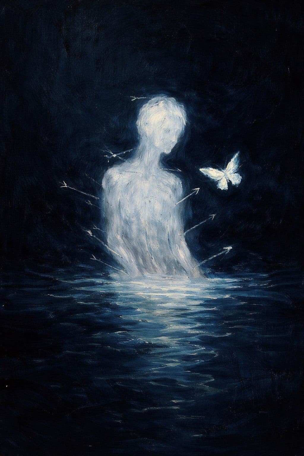 The image depicts a luminous, ethereal humanoid figure emerging from dark, rippling water, rendered in a painterly, textured style. The figure is featureless, with a soft, glowing white form that contrasts sharply against the deep navy background, suggesting a spiritual or metaphysical presence. Arrows pierce the figure from behind, implying a symbolic or narrative conflict, while a delicate white butterfly floats nearby, adding a touch of fragility and mystery. The composition is centered, with the figure as the focal point, and the water's surface reflects the light, enhancing the dreamlike atmosphere. The overall mood is contemplative and serene, evoking themes of transformation, vulnerability, and transcendence through its minimalist yet emotionally resonant visual language.