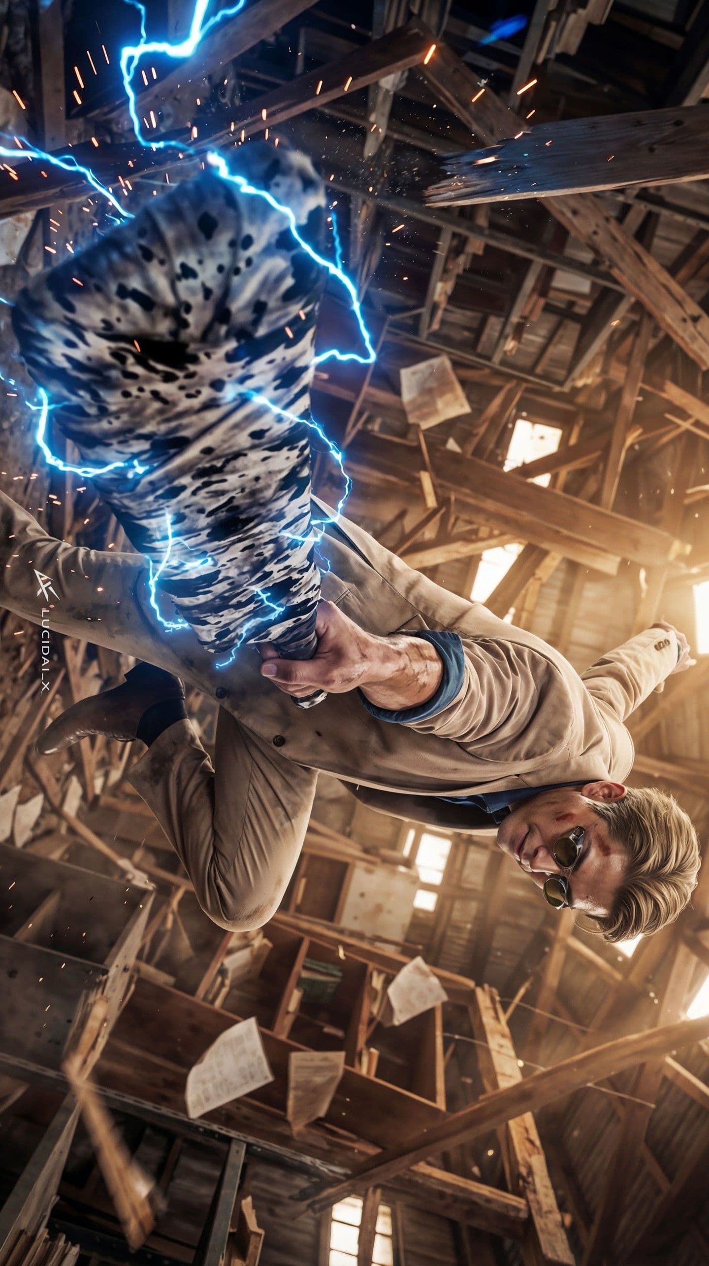This dynamic image features the character Kento Nanami from Jujutsu Kaisen in a high-intensity action sequence. He is depicted mid-air, wearing his signature tan business suit over a blue button-down shirt, complete with his unique leopard-print wrapped blunt sword and signature goggles. The character is shown swinging his weapon, which is crackling with vibrant blue cursed energy electricity, amidst a chaotic, collapsing wooden structure. The environment is filled with flying debris, splintered wood, and scattered papers, suggesting a fierce battle within an old warehouse or attic. The artistic style blends realistic textures with stylized digital effects, utilizing a dramatic low-angle perspective to emphasize the power of the strike. The overall mood is intense and cinematic, capturing a moment of focused aggression and supernatural power.