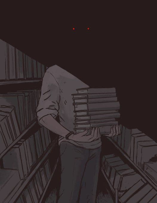 The image depicts a solitary figure standing between towering bookshelves in a dimly lit library aisle, holding a tall stack of books. The character is dressed in a long-sleeved, button-up shirt and trousers, fully covering their body with no visible skin exposure. Their face is obscured by the books, creating an air of mystery or anonymity. Above, two glowing red dots suggest an unseen observer or ominous presence, adding a subtle tension to the otherwise quiet scene. The artwork employs stark contrast between deep shadows and minimal highlights, emphasizing the confined, introspective atmosphere. The overall mood is contemplative and slightly eerie, evoking themes of knowledge, isolation, and hidden truths.