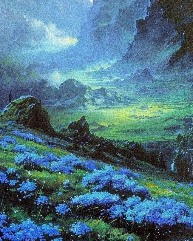 This image presents a sweeping, painterly landscape dominated by a vast valley carpeted in vibrant blue flowers, with rugged, dark rock formations framing the foreground. In the distance, rolling green hills stretch toward a luminous, misty horizon under a dramatic, cloud-filled sky tinged with cool blues and purples. The scene is rendered with rich, textured brushwork, evoking a sense of serene grandeur and natural beauty. The lighting suggests either dawn or dusk, with a soft, diffused glow illuminating the valley floor, creating a tranquil, almost mystical atmosphere. The composition balances foreground detail with expansive background depth, emphasizing the scale and peacefulness of the natural world.