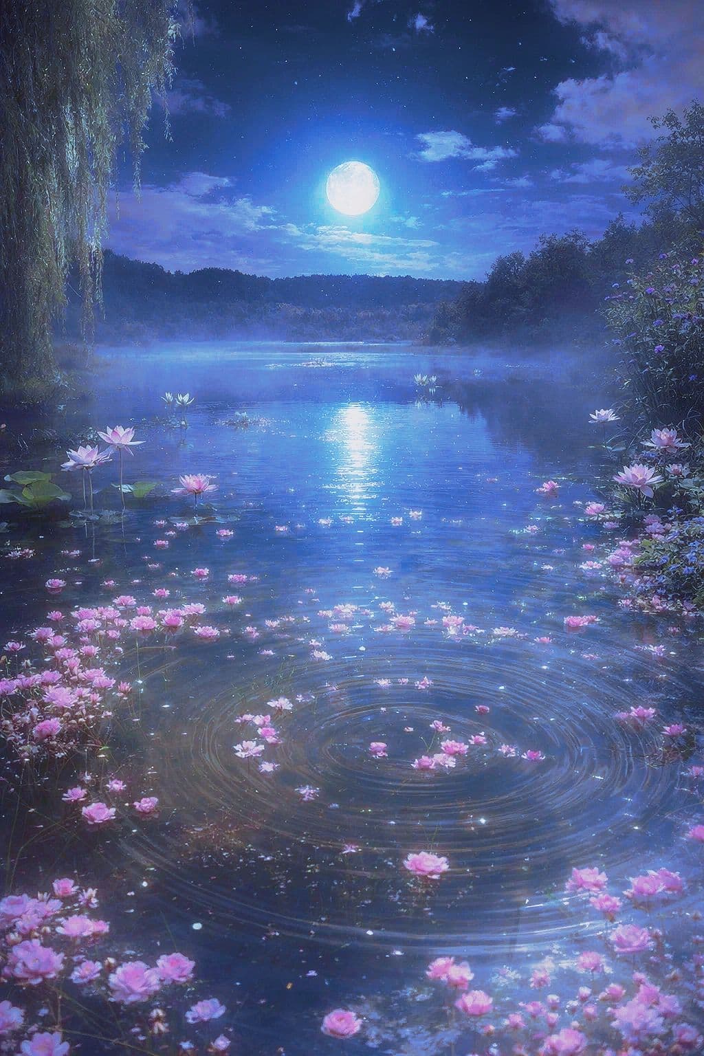 This serene nocturnal landscape features a tranquil pond reflecting a luminous full moon under a starry, deep blue sky. Pink water lilies float gently across the surface, disturbed by concentric ripples emanating from a single point, suggesting a recent drop of water. A weeping willow tree hangs gracefully over the left edge of the frame, its drooping branches adding a sense of softness and mystery. The distant shoreline is softly blurred by atmospheric mist, enhancing the dreamlike quality of the scene. The overall composition is rich in texture and color, with a cool blue palette accented by the warm pink of the flowers, evoking a peaceful, contemplative mood.