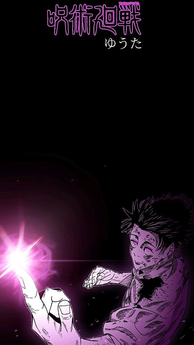 The image features Yuta Okkotsu from Jujutsu Kaisen, depicted in a dynamic and intense combat stance. He is wearing his signature high-collared Jujutsu High uniform, which is fully buttoned and provides complete coverage. The character is shown with visible battle damage, including scratches on his face and a dark stain on his chest, suggesting a high-stakes confrontation. His right hand is thrust forward with a pointed finger, emitting a brilliant, glowing purple energy flare that serves as the primary light source. The background is a stark, solid black, which emphasizes the character and the vibrant neon purple highlights outlining his form. The overall atmosphere is dark, serious, and supernatural, capturing a moment of significant power and resolve.