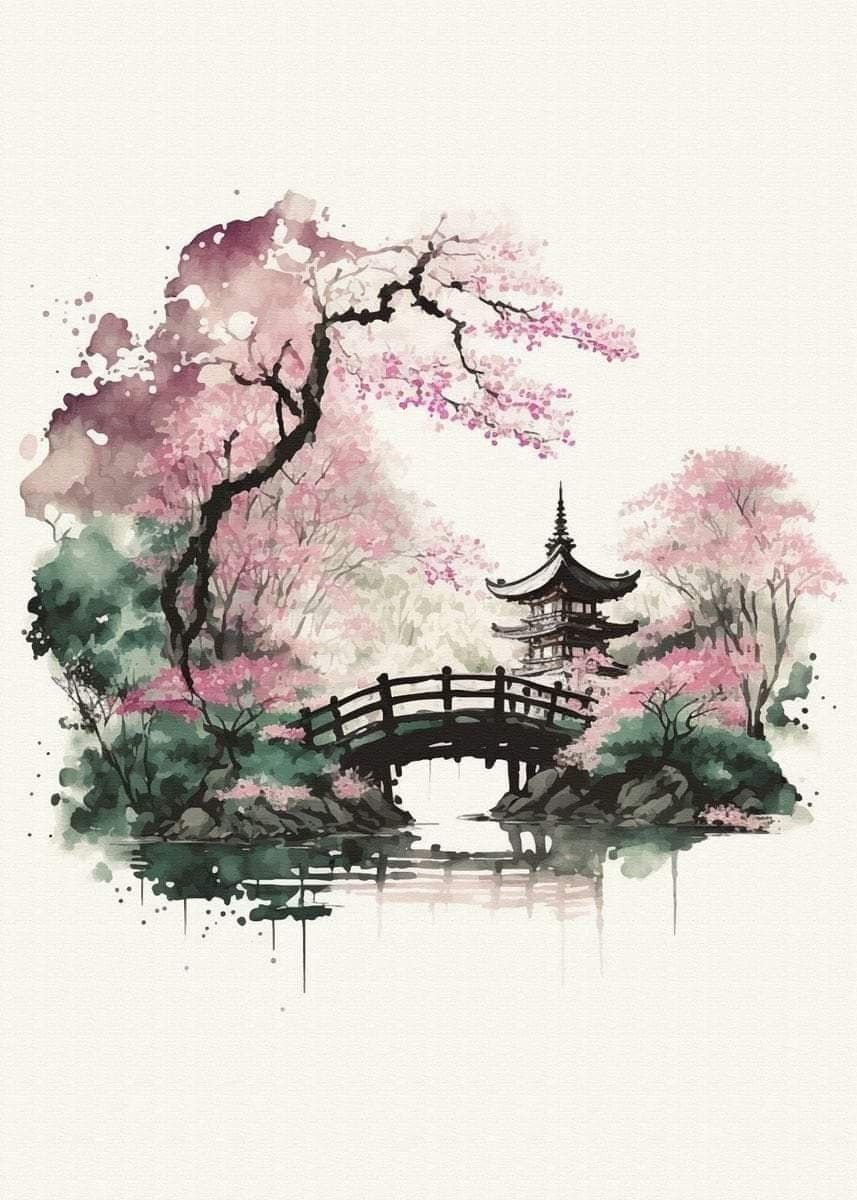 This serene watercolor illustration depicts a traditional Japanese landscape featuring a gracefully arched wooden bridge spanning a calm pond, with a multi-tiered pagoda visible in the background. Cherry blossom trees in full bloom frame the scene with soft pink petals and dark, sinuous branches, their reflections shimmering on the water's surface. The composition is balanced and tranquil, evoking a sense of peaceful contemplation through its harmonious blend of natural elements and architectural beauty. The artwork employs delicate brushstrokes and subtle color gradients, creating a dreamy, ethereal atmosphere that emphasizes seasonal beauty and cultural heritage. The overall mood is gentle and meditative, inviting viewers to appreciate the quiet elegance of nature and tradition.