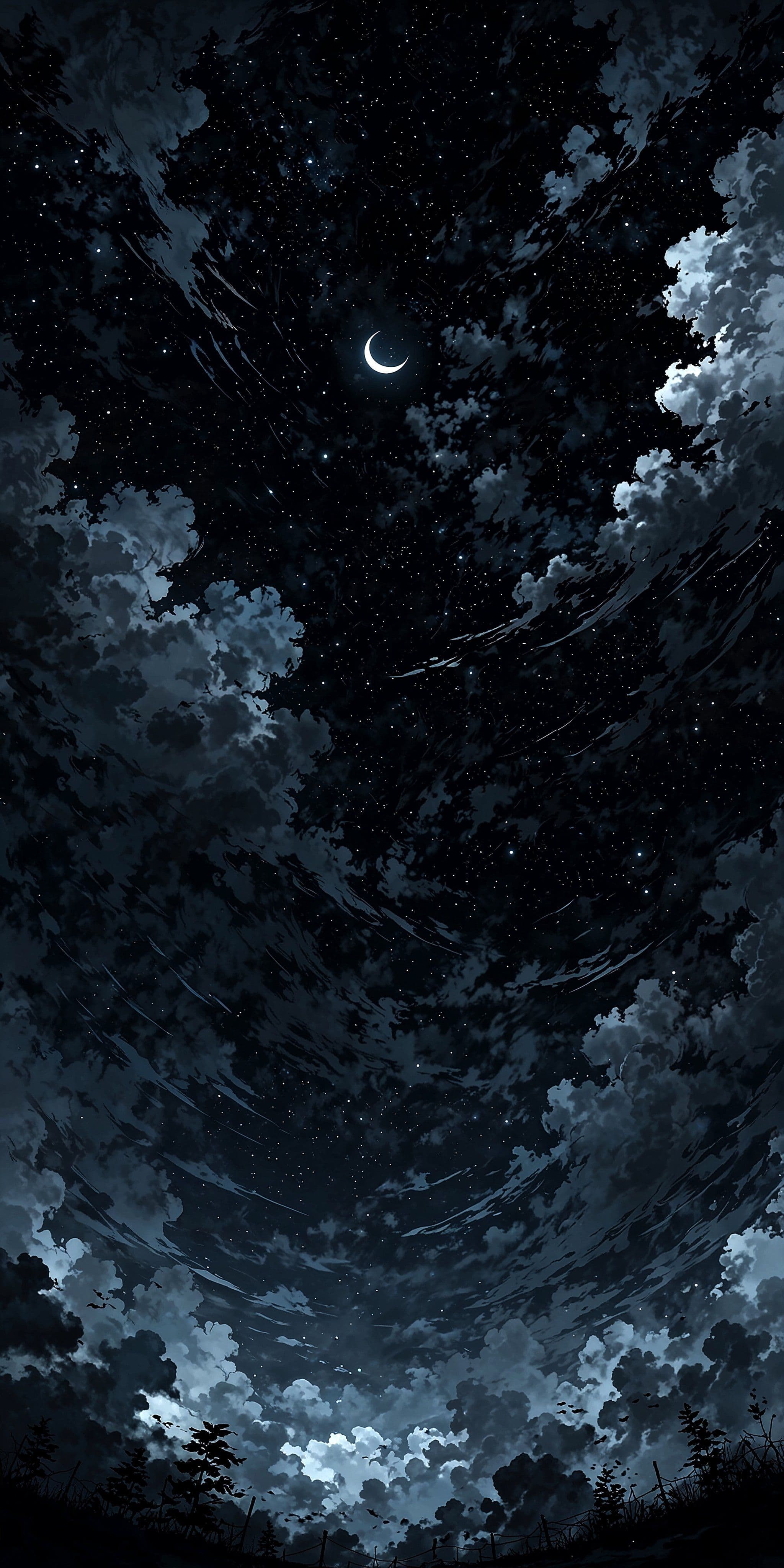 This image presents a breathtaking nocturnal sky viewed from a low-angle perspective, dominated by a crescent moon and a dense, swirling expanse of clouds. The clouds are rendered with dynamic, flowing brushstrokes, exhibiting subtle gradients from deep indigo to luminous silver, suggesting movement and depth. A multitude of stars punctuate the dark canvas, adding a sense of cosmic scale and tranquility. Below, the silhouettes of dark, slender trees form a quiet, grounding foreground, contrasting with the vastness above. The overall composition evokes a serene, contemplative mood, inviting viewers to reflect on the beauty of nature and the night sky. The artistry employs soft lighting and atmospheric perspective to create a dreamlike, almost ethereal atmosphere.