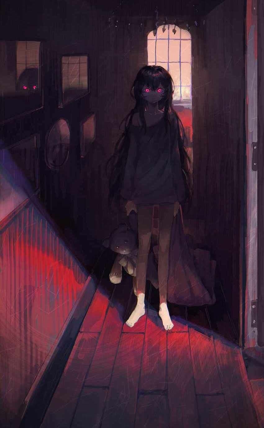 A young girl with long black hair and glowing red eyes stands barefoot in a dimly lit, narrow wooden hallway, holding a small stuffed animal. She wears a loose, dark-colored top and pants that fully cover her body, with no revealing or suggestive elements. The scene is illuminated by a single window at the end of the hallway, casting a red glow across the floor and creating a stark contrast with the surrounding shadows. The artwork employs soft, painterly shading and atmospheric perspective to evoke a sense of isolation and quiet dread. The overall mood is eerie and contemplative, with the character’s still pose and the ominous red lighting amplifying the unsettling atmosphere.