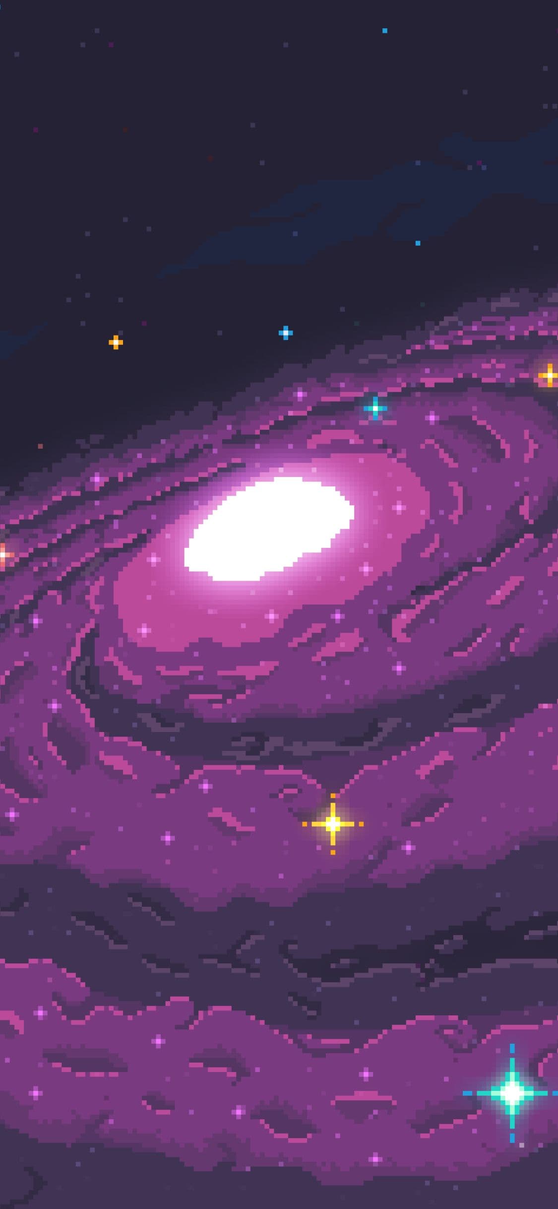 The image presents a stylized, pixel-art depiction of a vibrant spiral galaxy dominating the frame, with its core glowing intensely in white and magenta hues. Surrounding arms of the galaxy are rendered in rich purples and deep blues, textured with pixelated clouds and swirling cosmic dust. Scattered throughout the scene are numerous stars of varying sizes and colors, including golden and cyan sparkles that add depth and visual interest. The composition is vertical, emphasizing the galaxy's grand scale against the infinite dark expanse of space. The overall aesthetic is serene and awe-inspiring, evoking a sense of cosmic wonder and tranquility through its balanced, symmetrical design and soft, glowing color palette.