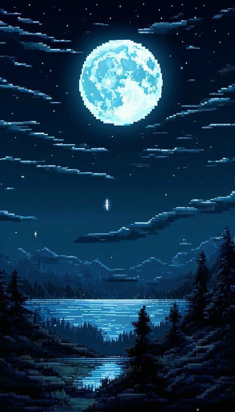 This image depicts a serene nocturnal landscape dominated by a large, luminous blue moon centered in the composition, casting a gentle glow over a tranquil lake. Silhouettes of dense pine trees frame the foreground and midground, leading the eye toward the reflective water surface that mirrors the moon's radiance. Wispy, pixelated clouds drift across a star-filled sky, with a single distant, glowing object—possibly a rocket or aircraft—visible in the upper mid-frame. The scene is rendered in a meticulous pixel art style, emphasizing atmospheric depth and cool color gradients. The overall mood is peaceful and contemplative, evoking a sense of quiet solitude and natural beauty under a vast, starry sky.