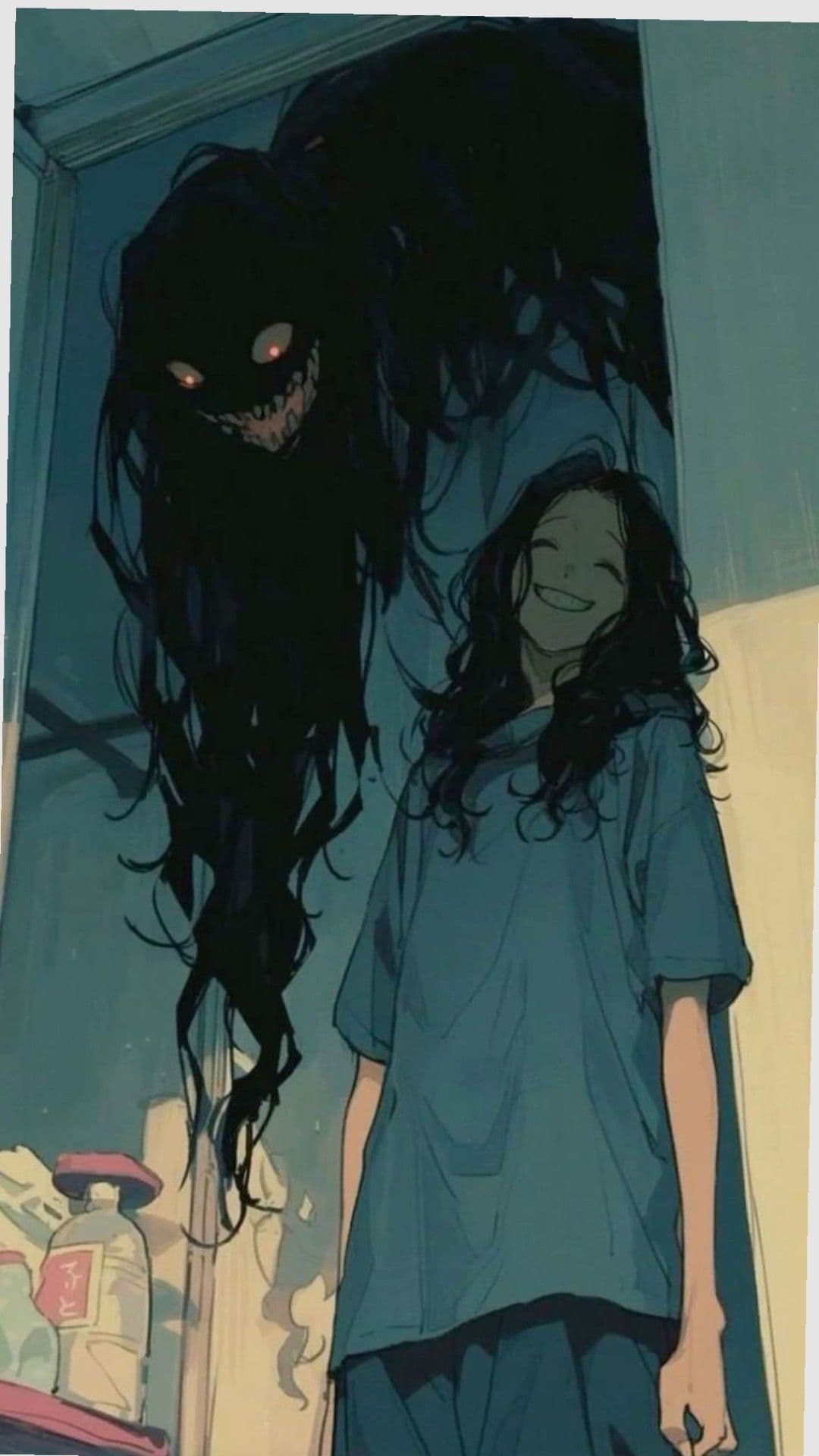 The image depicts a young girl with long, wavy dark hair, smiling brightly while wearing a loose-fitting blue t-shirt and matching pants, standing in a dimly lit room. Behind her looms a towering, shadowy, monstrous figure with glowing red eyes and a wide, toothy grin, its form composed of tangled black tendrils. The scene is set indoors, near a doorway, with a bottle and a small container visible on a surface to the left. The artwork employs soft, painterly shading and cel-shaded outlines, creating a contrast between the girl’s calm demeanor and the creature’s menacing presence. The overall atmosphere is eerie yet surreal, blending innocence with horror in a visually striking composition.