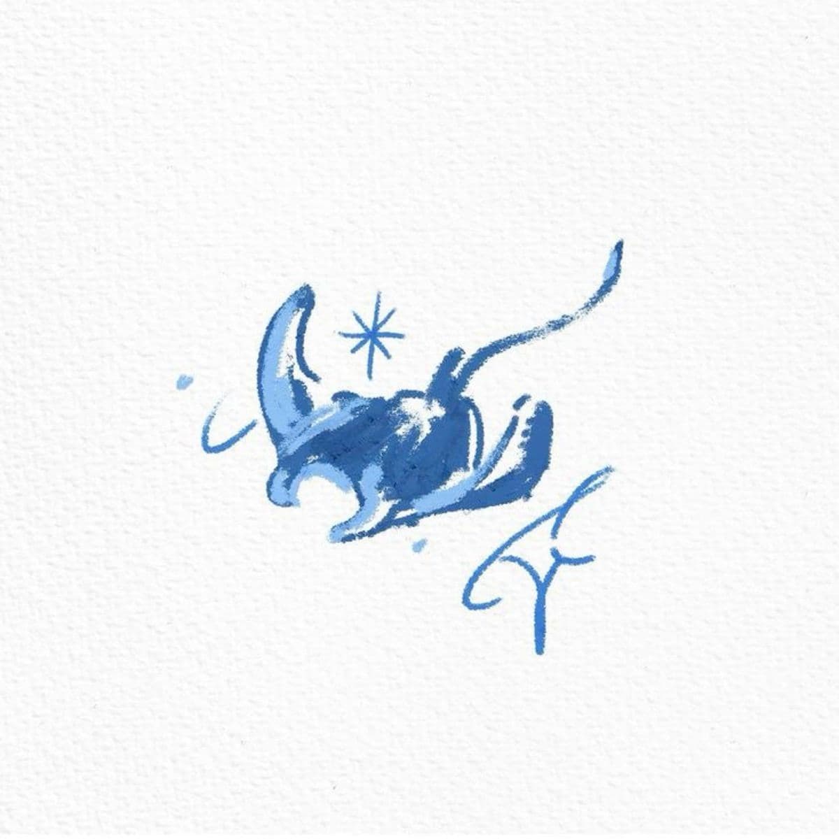 The image depicts a stylized, abstract illustration of a manta ray rendered in varying shades of blue against a textured white background. The creature is shown in a dynamic, playful pose with its fins and tail arched upward, suggesting motion or joy. A small starburst detail near its head adds a whimsical, energetic touch. The artwork uses loose, expressive brushstrokes with visible texture, giving it a hand-drawn, sketch-like quality. The overall composition is minimalist and charming, evoking a sense of lightheartedness and creativity. The piece is likely intended as a decorative or personal art piece rather than a narrative scene.