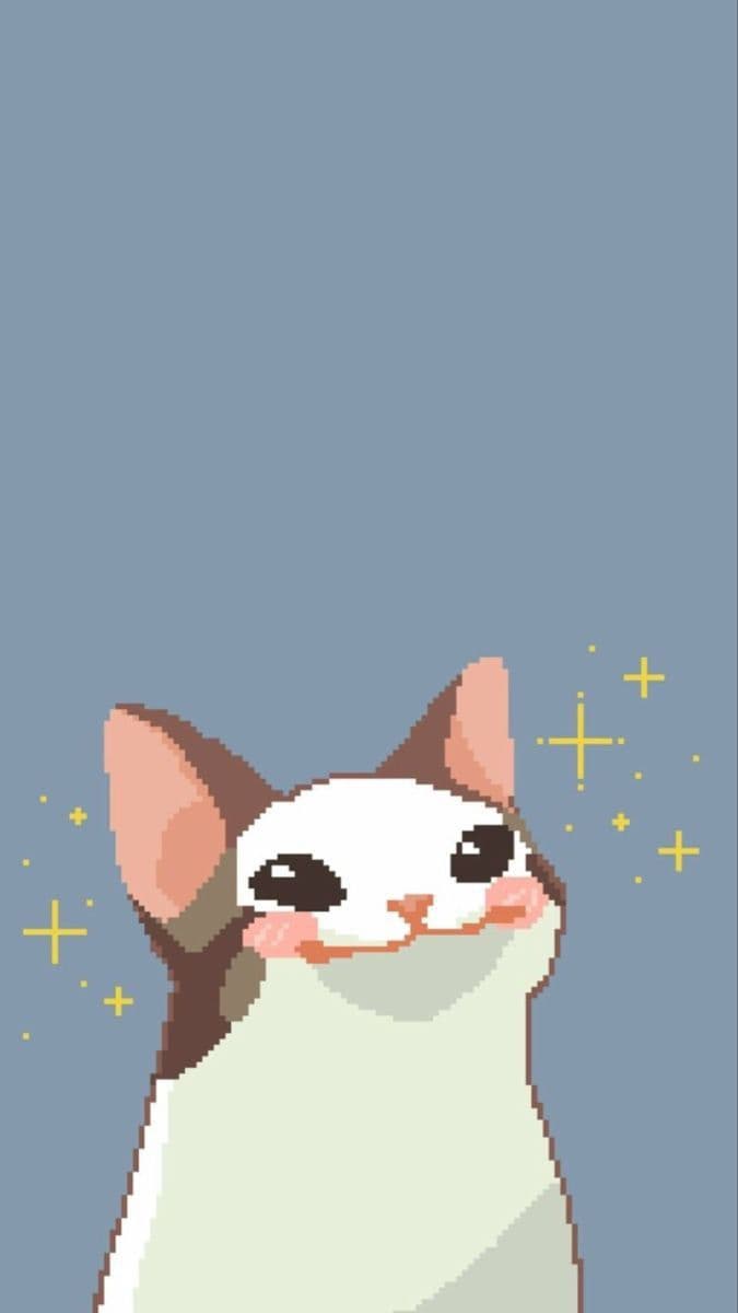 The image features a stylized, pixel-art depiction of a cat with a predominantly white face and body, accented by brown patches on its ears and head. The cat is shown in a medium shot, looking upward with large, expressive eyes and a slightly blushing expression, conveying a sense of innocence or wonder. Small, glowing yellow plus-shaped sparkles float around the cat, adding a whimsical, magical quality to the scene. The background is a solid, muted blue, providing a calm and uncluttered canvas that emphasizes the character. The overall composition is clean and centered, with a soft, cheerful atmosphere that evokes a sense of gentle joy and cuteness.