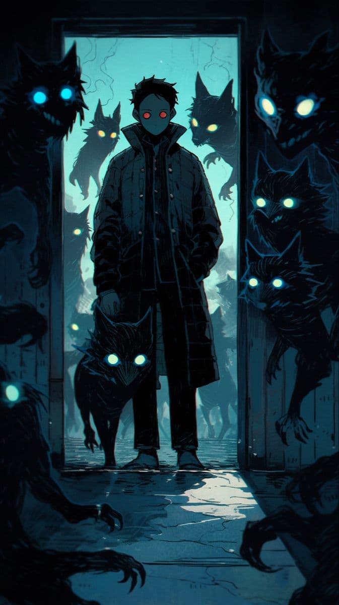 A lone, hooded figure stands in a narrow doorway, framed by shadowy, glowing-eyed creatures that emerge from both sides. The character wears a long, dark coat with a high collar, fully concealing their body and face, conveying a sense of isolation and mystery. Behind them, a bright, eerie blue light illuminates the scene, contrasting with the deep shadows surrounding the figure and the monstrous entities. The floor is wet and cracked, reflecting the ambient glow, while the creatures—some humanoid, some feline—lean menacingly toward the protagonist. The composition is symmetrical, emphasizing the character’s central position as the focal point of tension and suspense. The overall atmosphere is haunting and atmospheric, evoking a sense of impending danger in a desolate, possibly supernatural setting.