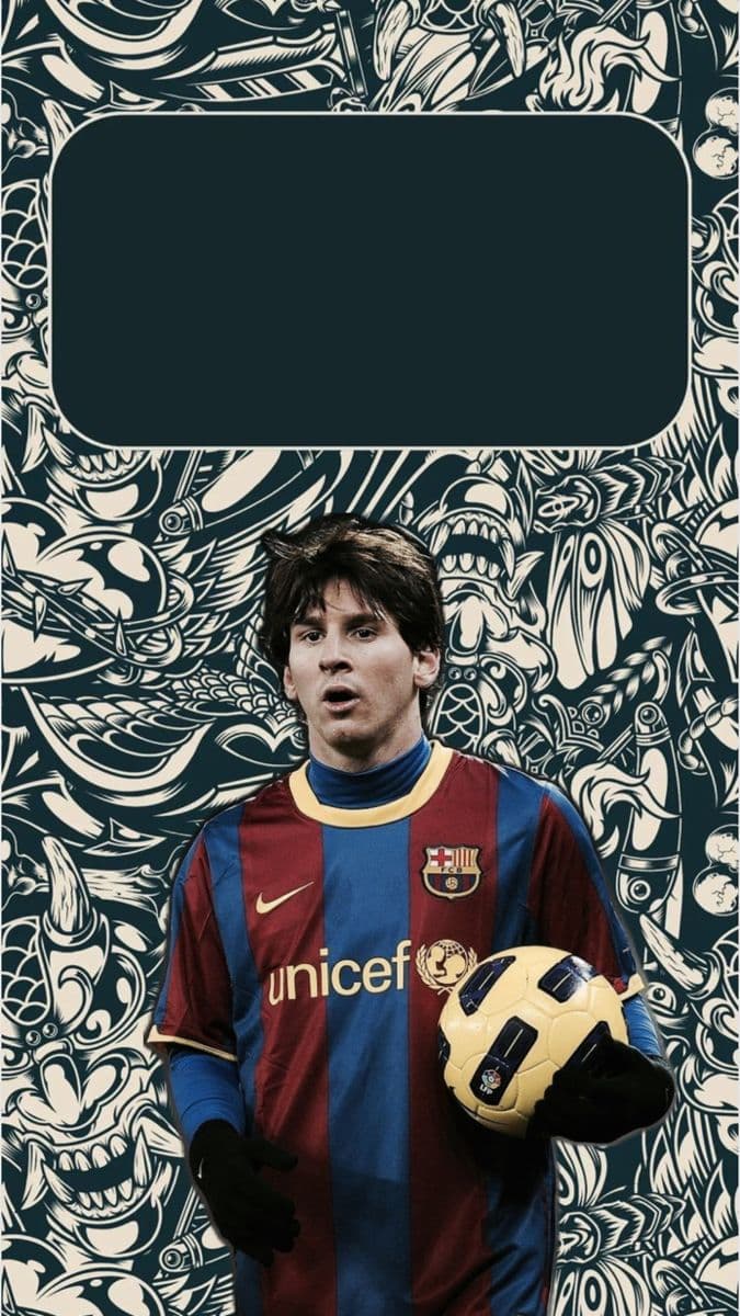 The image features a male soccer player in a full FC Barcelona jersey with 'UNICEF' sponsorship, holding a soccer ball in his gloved hands. His expression is mid-action, with an open mouth suggesting surprise or exertion. The background is a dense, intricate black-and-white pattern of stylized, menacing faces and abstract organic forms, creating a high-contrast, graphic design. The composition is centered on the player, with the background serving as a decorative, non-distracting motif. The lighting is even and frontal, highlighting the player's features and jersey details without casting shadows. The overall tone is energetic and stylized, blending sports imagery with bold, illustrative art.