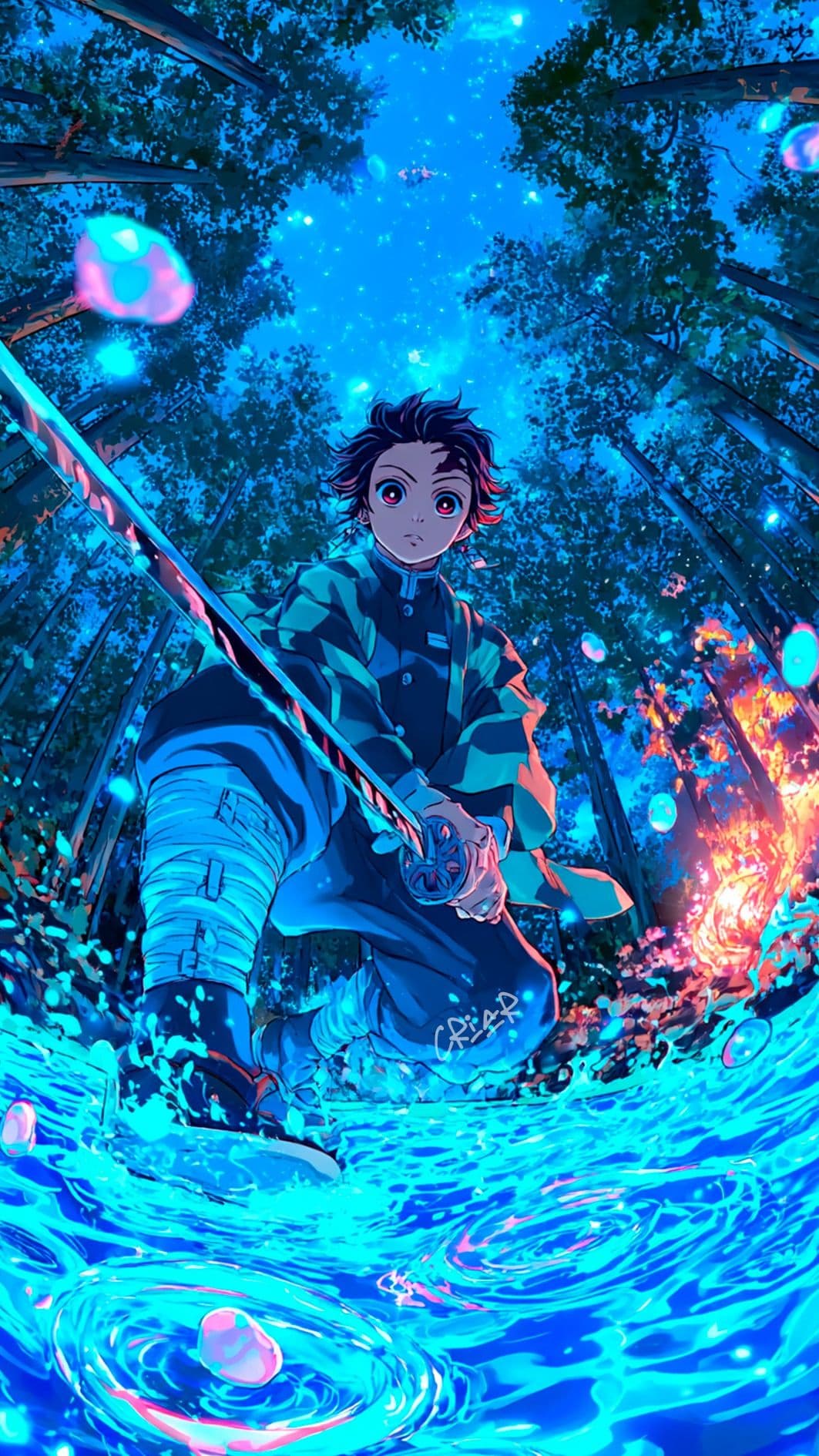 The image features Tanjiro Kamado, the protagonist of Demon Slayer, dressed in his signature dark turquoise and black checkered haori over a standard Demon Slayer Corps uniform. He is depicted in a dynamic, low-angle action pose, kneeling amidst swirling blue water ripples while gripping his Nichirin sword with both hands. The setting is a dense forest at night, where the towering trees create a natural canopy against a starlit, deep blue sky. Artistic techniques include a vibrant use of high-contrast lighting, where the cool blue tones of the water and moonlight clash with the warm, fiery orange glow of a small fire in the background. The overall atmosphere is intense yet ethereal, capturing a moment of focused determination and magical combat prowess.