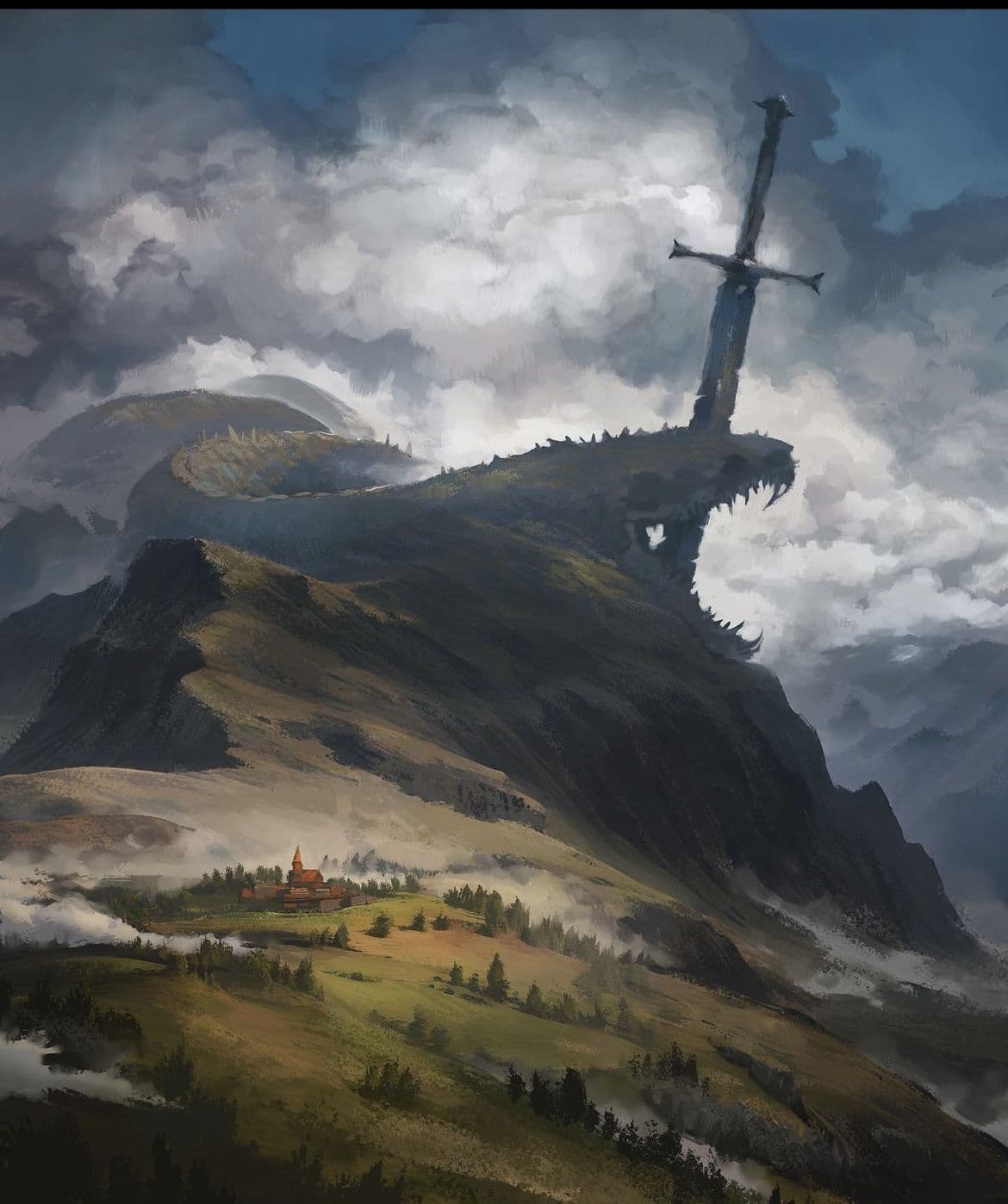 The image depicts a dramatic, mythic landscape dominated by a colossal, jagged mountain with a massive sword impaled vertically into its peak, its hilt resting atop a jagged, toothed mouth. Below, a small, mist-shrouded village with a prominent red-roofed church sits peacefully on rolling green hills, contrasting the ominous scale of the mountain. The sky is filled with heavy, swirling clouds, suggesting an impending storm or epic tension. The artwork employs painterly brushstrokes and atmospheric perspective to create depth, with a cool color palette dominated by grays, blues, and earthy greens, enhancing the solemn, epic mood. The composition balances the grandeur of the mountain with the vulnerability of the human settlement, evoking themes of myth, destiny, and the sublime power of nature.