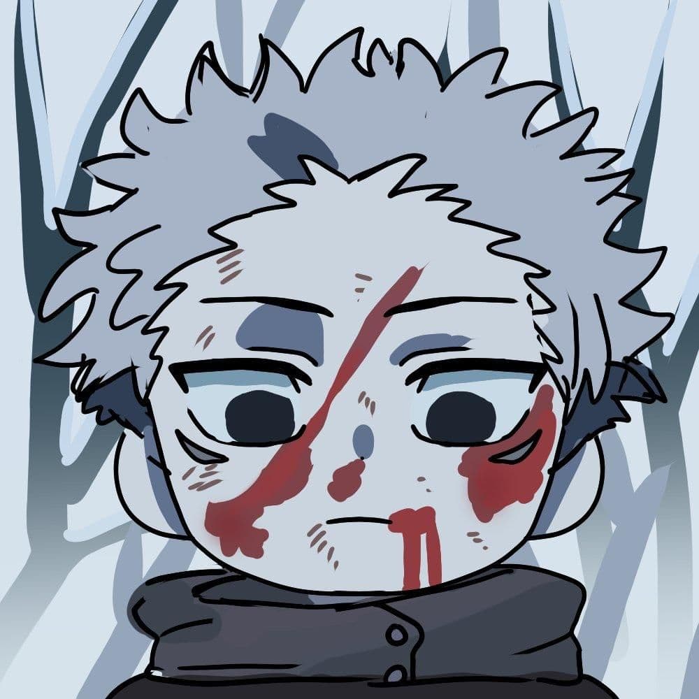 The image features a stylized, chibi-like portrait of a young male character with spiky light-grey hair, reminiscent of Yuji Itadori from Jujutsu Kaisen. He is wearing a dark, high-collared uniform that covers his neck and torso completely. The character is depicted in a static, front-facing pose with a neutral but weary expression, notably marked by several streaks of blood across his face and forehead. The background is a minimalist, abstract representation of a forest with pale, desaturated tree trunks under a cold light. The artistic technique utilizes thick, expressive line work and flat cel-shading with a very limited, cool-toned color palette. The overall atmosphere is somber and melancholic, suggesting the aftermath of a difficult battle.