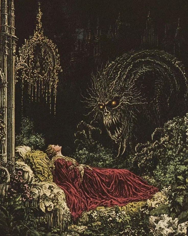 A woman in a voluminous, richly textured red gown lies reclined on a floral bed, her head tilted back in apparent surrender or sleep, with golden hair cascading around her. Opposite her looms a grotesque, monstrous entity with glowing eyes, sharp teeth, and a skeletal face, emerging from dark, thorny foliage. The scene is set against a backdrop of a gothic cathedral with ornate arches and a suspended chandelier, suggesting a haunted or enchanted garden. The artwork employs dramatic chiaroscuro lighting, with deep shadows contrasting against the illuminated figure and architecture, creating a sense of impending dread. The overall tone is eerie and suspenseful, evoking classic horror or gothic fantasy narratives through meticulous detail and atmospheric composition.