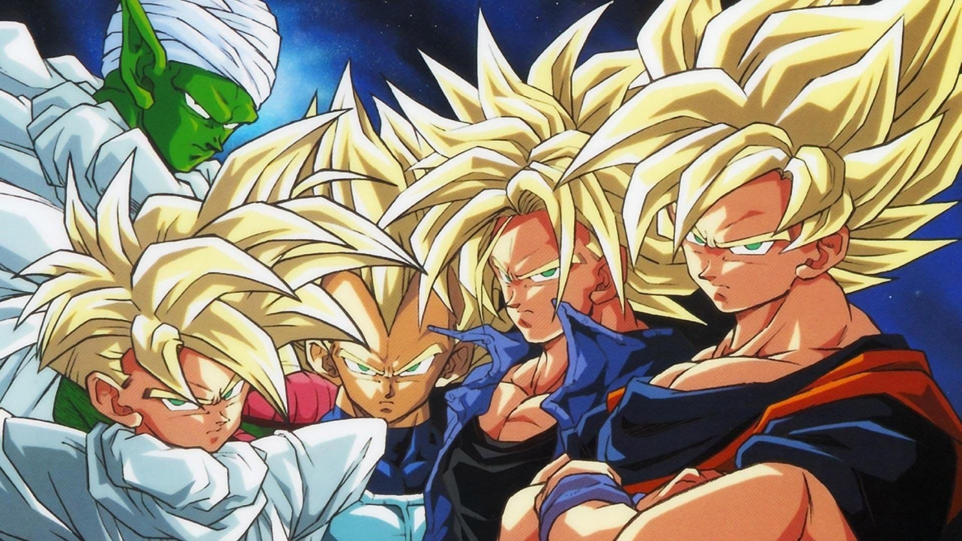 The image depicts a group of anime characters from Dragon Ball Z in their Super Saiyan forms, characterized by voluminous blonde hair and serious expressions. The central figures wear blue and red/orange outfits with long sleeves, while one character in the background wears white robes. They are positioned closely together in a focused, intense stance against a starry space backdrop. Artistic elements include vibrant cel-shaded coloring, dynamic posing emphasizing their powerful physiques, and sharp line work that highlights their features. The overall atmosphere is tense and epic, conveying a sense of unity among the characters as they prepare for an impending challenge.