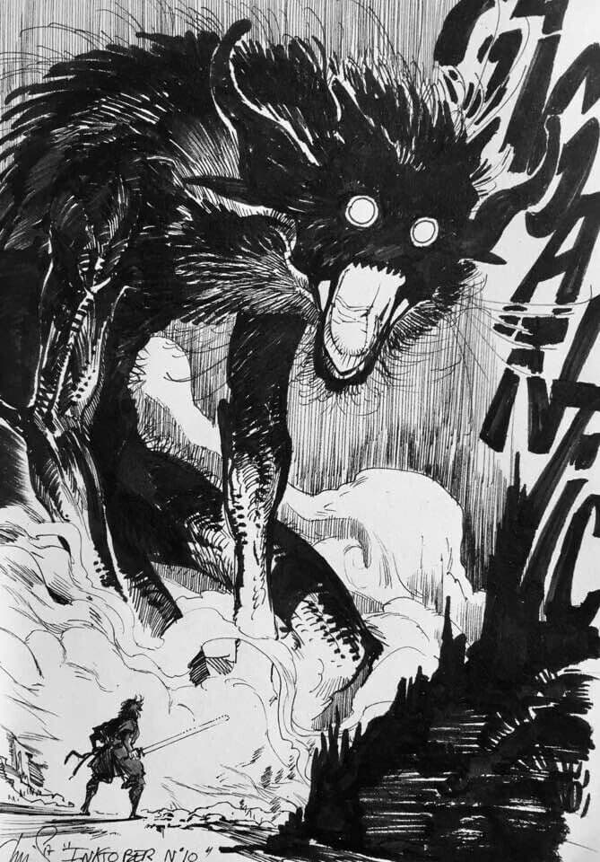 The image depicts a dramatic, high-contrast black-and-white illustration of a colossal, monstrous creature with exaggerated, glowing eyes and a gaping maw, standing atop a rocky outcrop. Below it, a lone human warrior in full armor wields a sword, facing the beast with a posture of defiance. The creature's form is rendered with aggressive, chaotic linework, suggesting immense power and menace. The background features stylized, vertical rain-like lines and bold, fragmented text, enhancing the sense of chaos and scale. The composition emphasizes the overwhelming size disparity between the tiny warrior and the towering monster, creating a powerful narrative of confrontation. The overall tone is epic and intense, evoking a classic fantasy battle scene with strong visual storytelling through ink and line work.