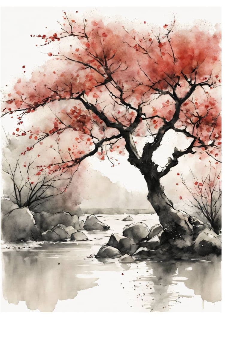 This image depicts a serene, stylized landscape dominated by a solitary cherry blossom tree with vibrant red blossoms against a muted, watercolor background. The tree's gnarled, dark branches contrast with the soft, diffused washes of pink and white petals, creating a sense of delicate beauty. Below, a calm river flows gently over smooth, grey stones, reflecting the tree's silhouette and scattered blossoms. The background features softly blurred hills and bare branches, enhancing the tranquil, contemplative atmosphere. The artwork employs traditional East Asian ink wash techniques, with fluid brushstrokes and layered transparency, evoking a peaceful, natural harmony.