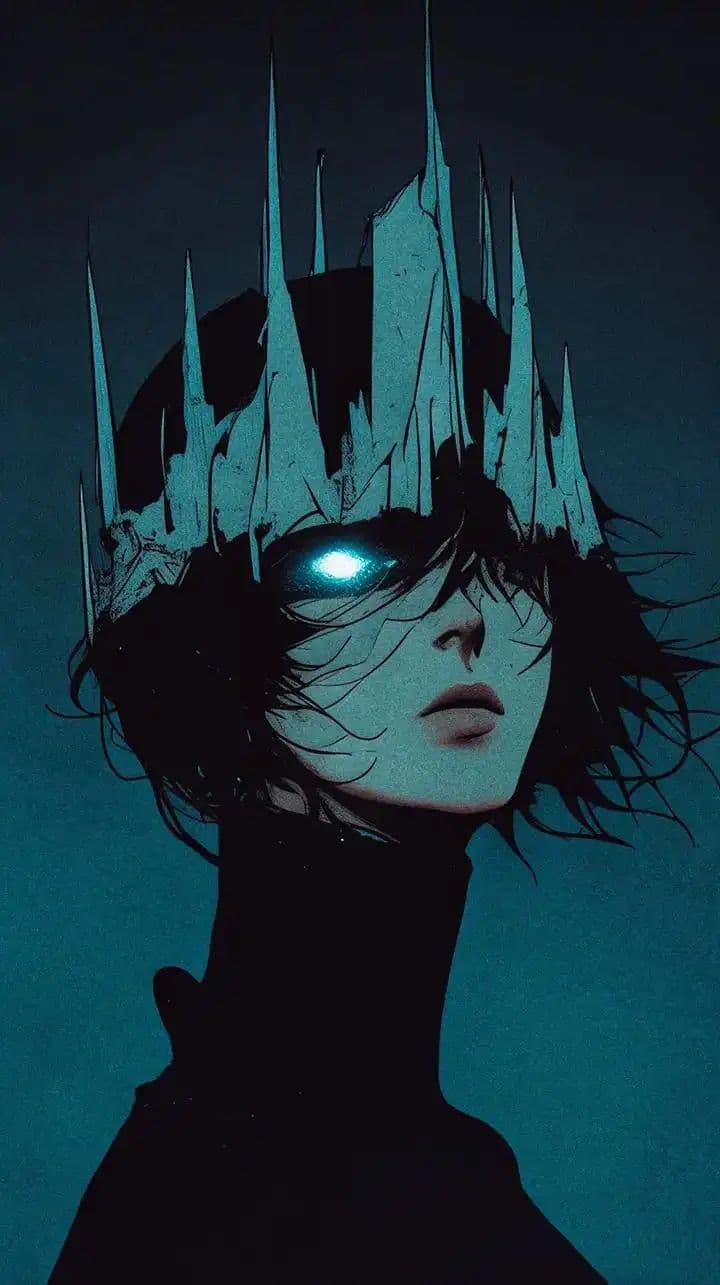 The image features a stylized portrait of a character with dark, tousled hair and a high-collared garment that fully covers the torso and arms. A single glowing, luminous eye dominates the composition, contrasting sharply with the shadowed face and the jagged, crown-like structure rising from the head. The character's expression is neutral and intense, conveying a sense of power or mystery. The background is a deep, monochromatic teal, enhancing the dramatic contrast and focusing attention on the character's silhouette. The artwork employs sharp linework and cel-shaded shading to create a graphic, high-contrast aesthetic that emphasizes form and mood over texture.