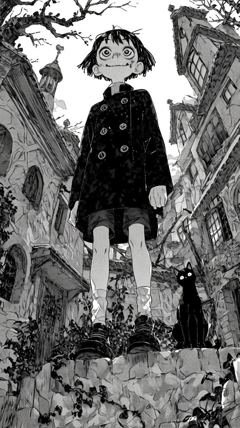 A young, wide-eyed character with short, spiky hair stands confidently atop a stone ledge, wearing a dark, double-breasted coat with circular buttons and short shorts, fully covering their body. Their expression is cheerful and slightly mischievous, with a small smile and tear-like droplet near their cheek. At their feet, a black cat sits attentively, adding a sense of companionship. The background features a gothic, cobblestone alleyway with ornate, weathered buildings and bare, gnarled trees, suggesting an old, mysterious town. The artwork uses precise linework and detailed cross-hatching to create texture and depth, with strong contrast between light and shadow. The overall mood is whimsical yet slightly eerie, evoking a sense of quiet adventure in a fantastical, slightly haunted setting.