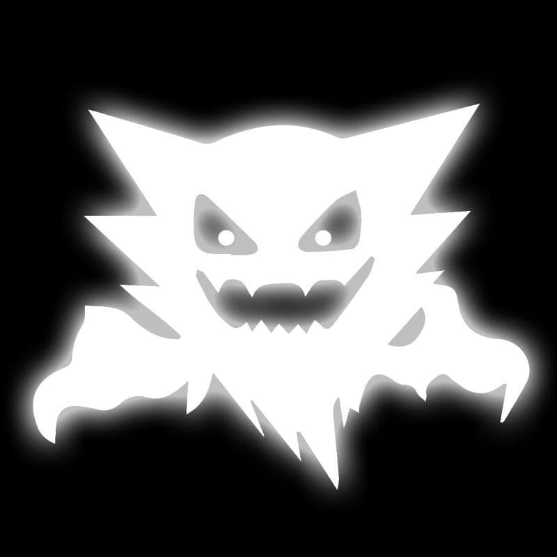 The image features a stylized, glowing white silhouette of a ghostly, spiky creature with sharp, angular features against a solid black background. Its face is characterized by menacing, slanted eyes with white pupils and a wide, jagged grin revealing pointed teeth, conveying a spooky or mischievous expression. The creature's form is composed of jagged, lightning-like spikes and wispy edges, suggesting a supernatural or energetic entity. The glowing aura around its silhouette creates a strong contrast, emphasizing its form and enhancing the eerie, otherworldly atmosphere. The overall design is minimalist yet impactful, relying on high contrast and bold shapes to communicate its identity and mood.