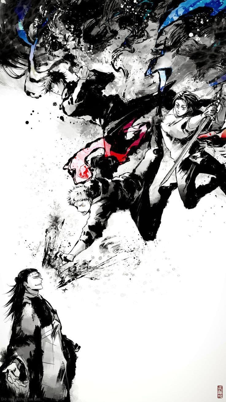 This dynamic illustration features four male characters from Jujutsu Kaisen in a high-intensity confrontation. Three protagonists—Megumi Fushiguro, Yuta Okkotsu, and Yuji Itadori—are depicted mid-air in aggressive, lunging poses, descending toward the antagonist Kenjaku (in Suguru Geto's body) who stands calmly at the bottom. The characters are dressed in their signature dark sorcerer uniforms and traditional robes, with Yuta wielding a katana and Yuji preparing a physical strike. The artwork utilizes a striking sumi-e ink wash style, characterized by heavy black brushstrokes, splatters, and a minimalist white background. Splashes of deep red and electric blue provide sharp focal points amidst the monochromatic ink, emphasizing the supernatural energy of the battle. The overall atmosphere is tense and epic, capturing a pivotal moment of combat with a traditional Japanese artistic flair.