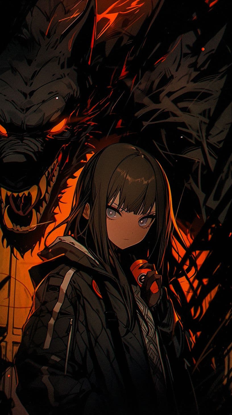 A young female character with long, dark brown hair and large, expressive eyes stands in the foreground, wearing a dark, quilted tactical jacket with visible zippers and straps, holding a red cylindrical object. Behind her looms a massive, menacing wolf-like creature with glowing orange eyes and bared teeth, its form rendered in shadowy, jagged lines against a fiery orange and black background. The scene is set in a dimly lit, possibly urban or ruined environment with architectural elements faintly visible. The artwork employs dramatic chiaroscuro lighting and cel-shaded rendering to emphasize contrast and texture, creating a tense, cinematic atmosphere. The emotional tone is one of quiet resolve and impending danger, with the character’s neutral expression contrasting the beast’s aggression, suggesting a moment of confrontation or survival.