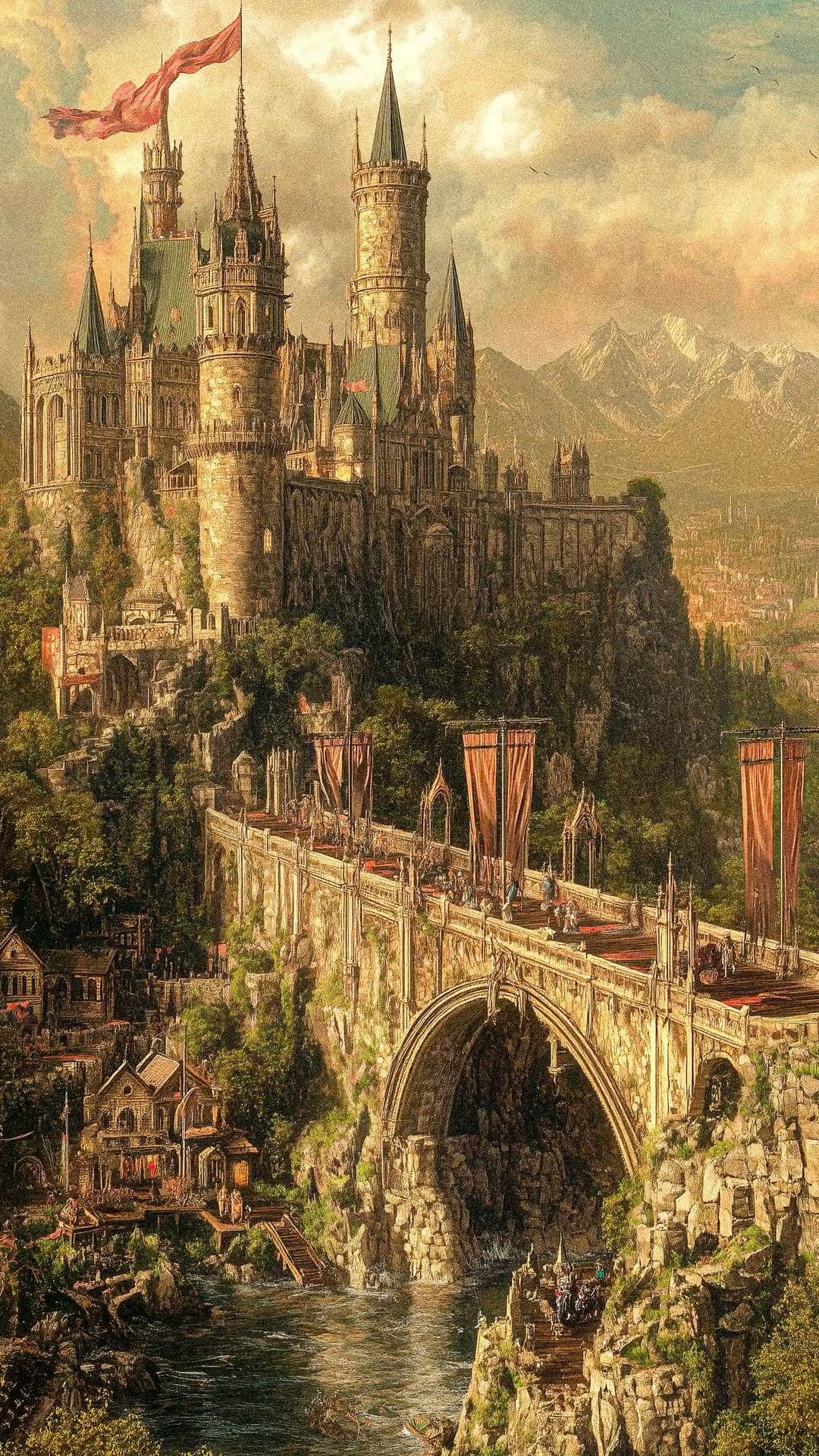 The image depicts a grand, medieval-style castle perched atop a steep cliff, connected by a long stone bridge with banners fluttering in the wind. Below, a river flows through a valley with a small village nestled among trees and stone structures. The castle features numerous spires, towers, and fortified walls, with a red flag waving prominently from its highest tower. The scene is rendered in a classical painting style with rich textures and atmospheric perspective, capturing a serene, majestic landscape under a partly cloudy sky. The overall mood is epic and tranquil, evoking a sense of timeless grandeur and quiet strength in the architecture and setting.
